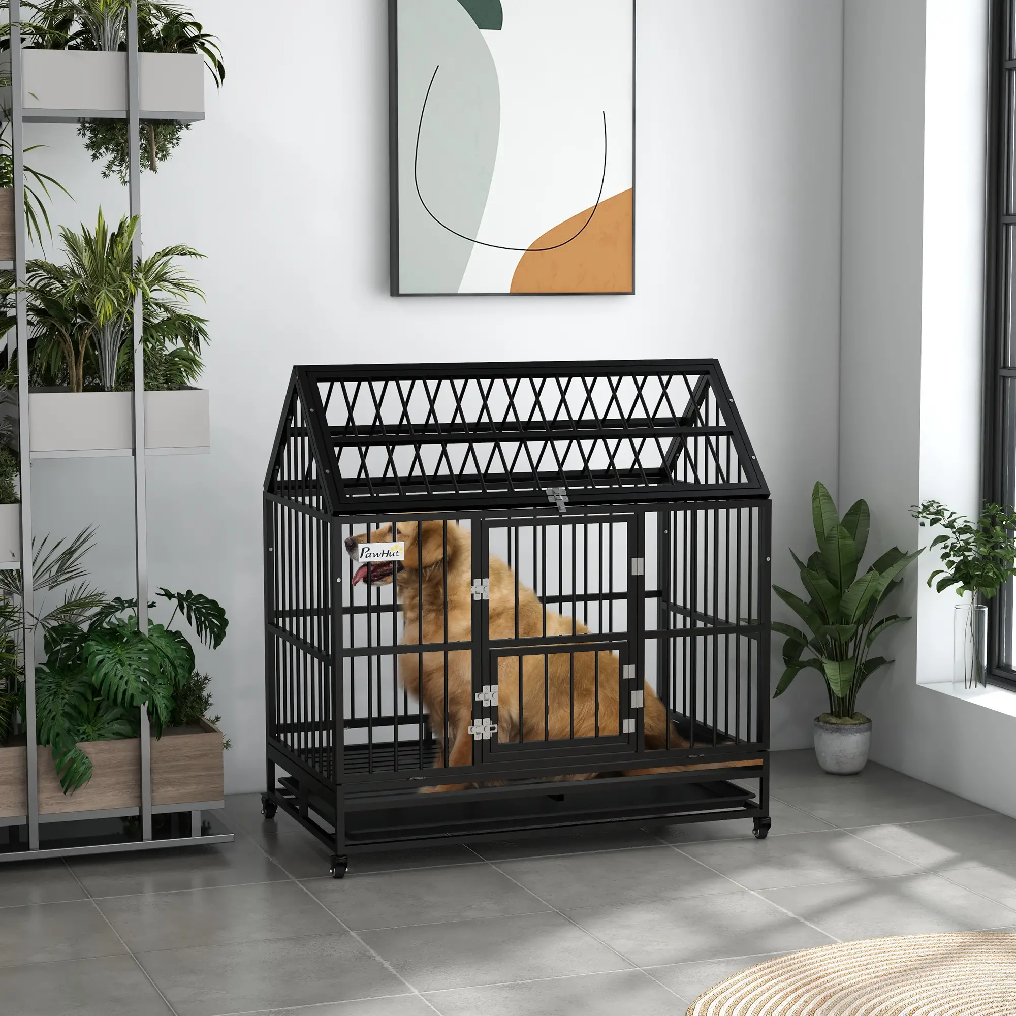 49" Heavy Duty Dog Crate, Removable Tray, Openable Roof, Black - Image 8