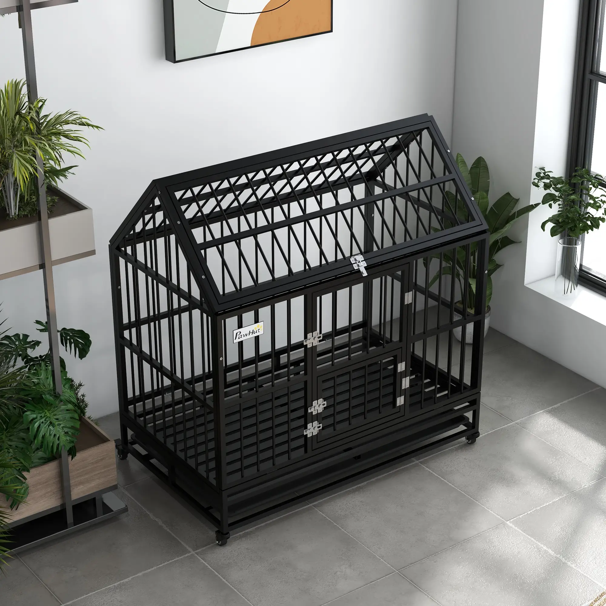 49" Heavy Duty Dog Crate, Removable Tray, Openable Roof, Black - Image 9