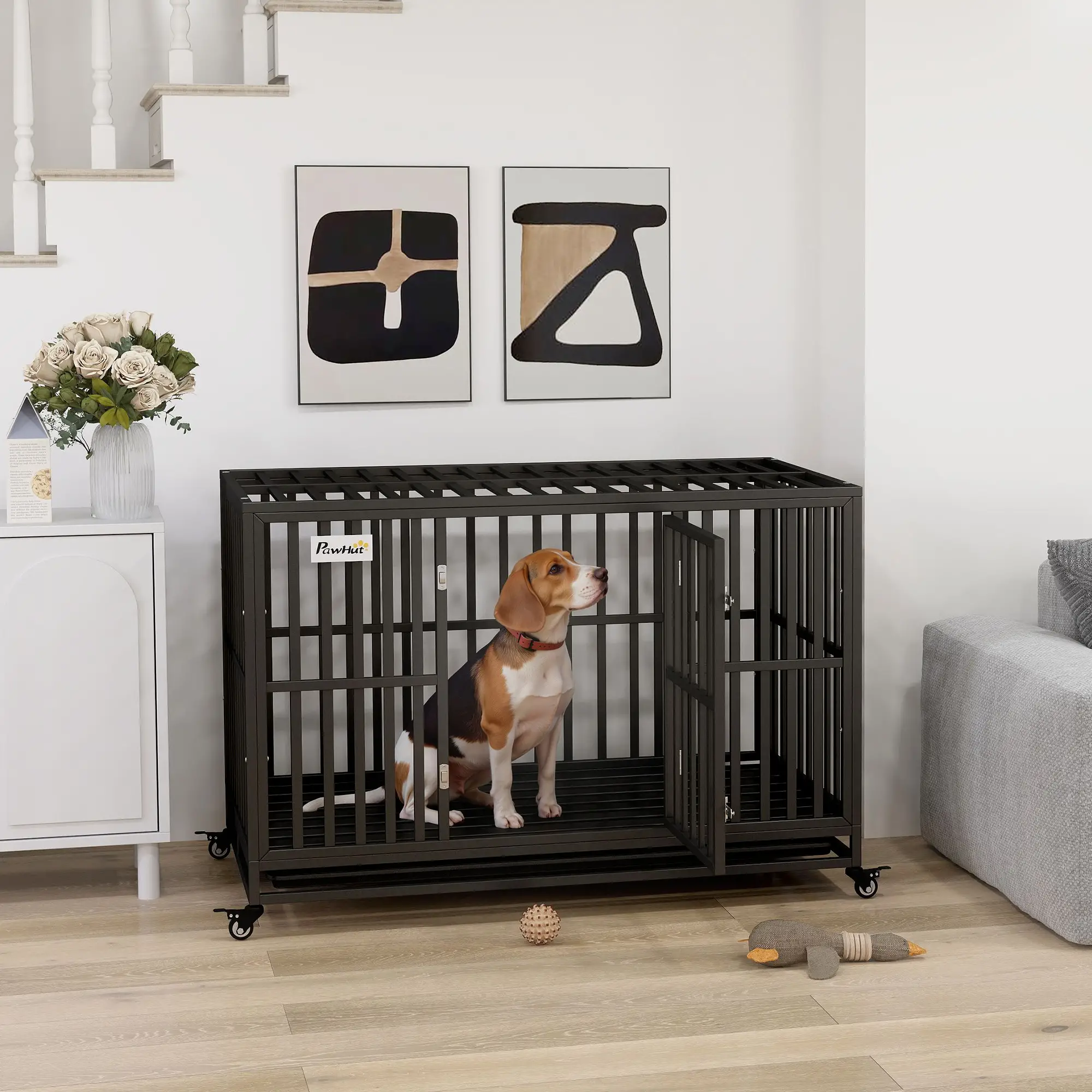 49" Heavy Duty Steel Dog Crate, Kennel with Wheels, Black - Image 2