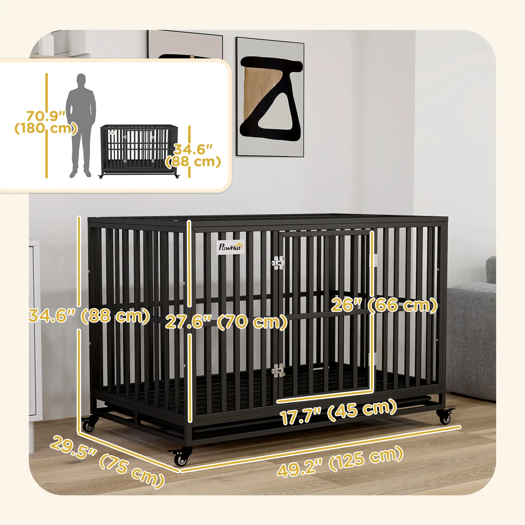 49" Heavy Duty Steel Dog Crate, Kennel with Wheels, Black - Image 3