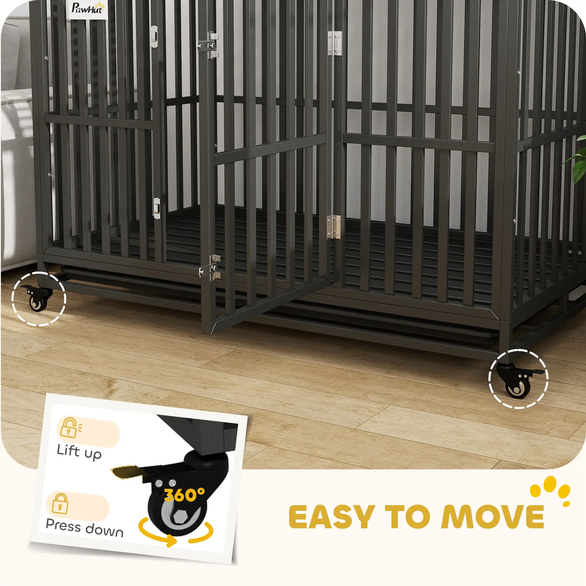 49" Heavy Duty Steel Dog Crate, Kennel with Wheels, Black - Image 4