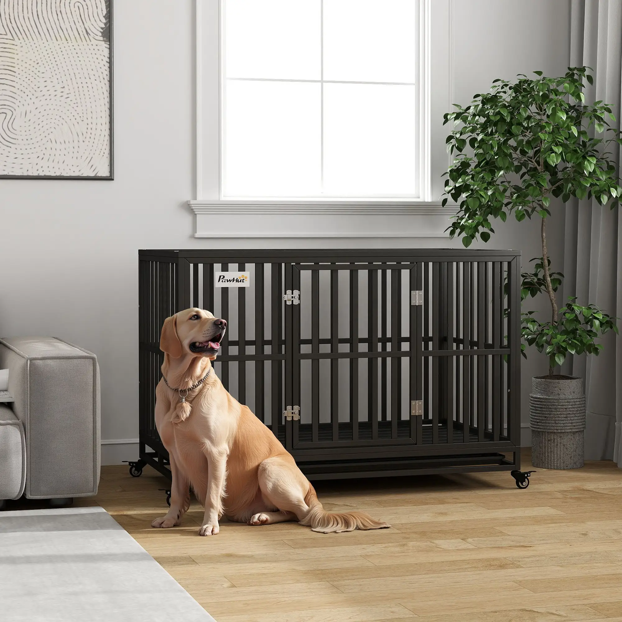 49" Heavy Duty Steel Dog Crate, Kennel with Wheels, Black - Image 8