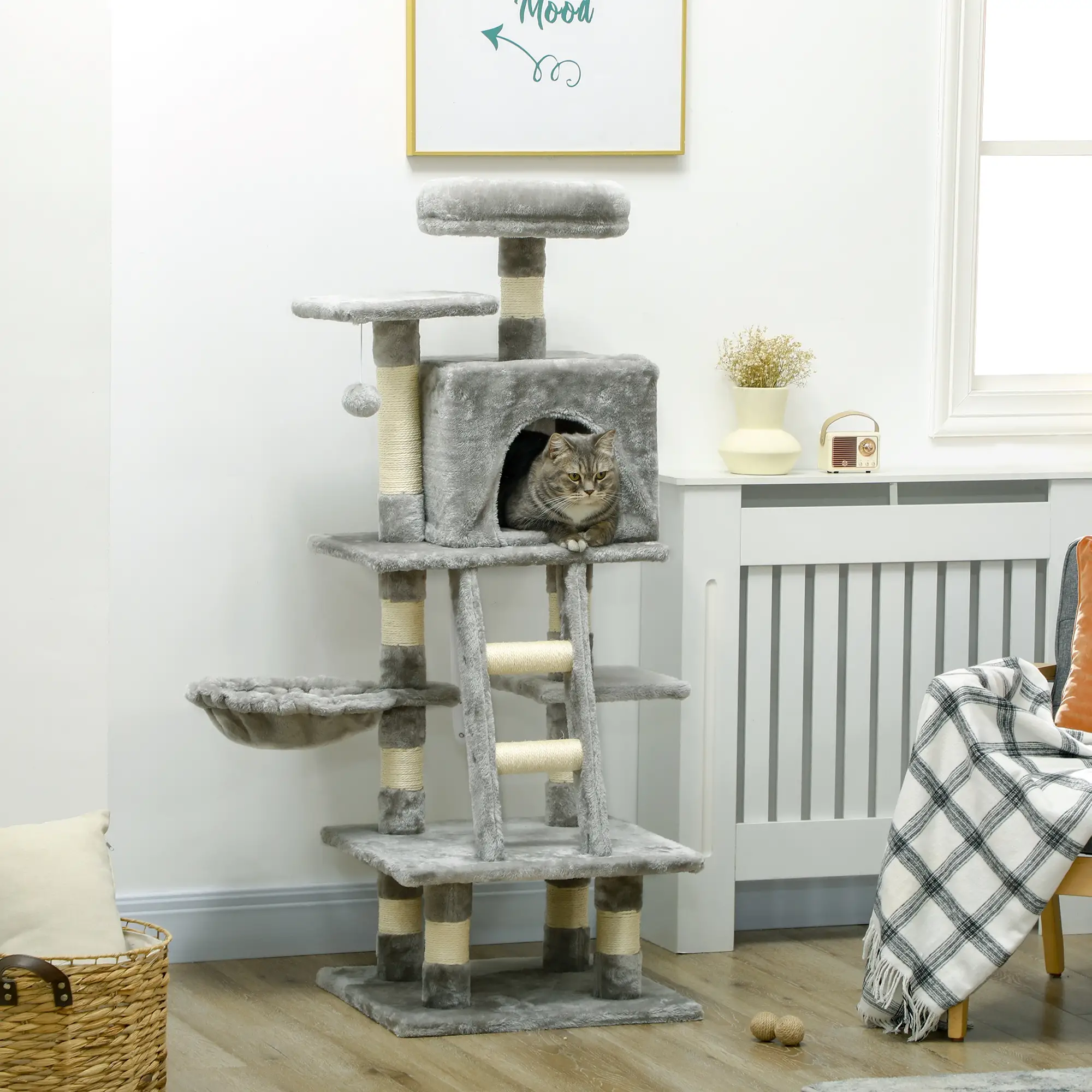 49 Inch Cat Tree for Indoor Cats, Light Grey - Image 2
