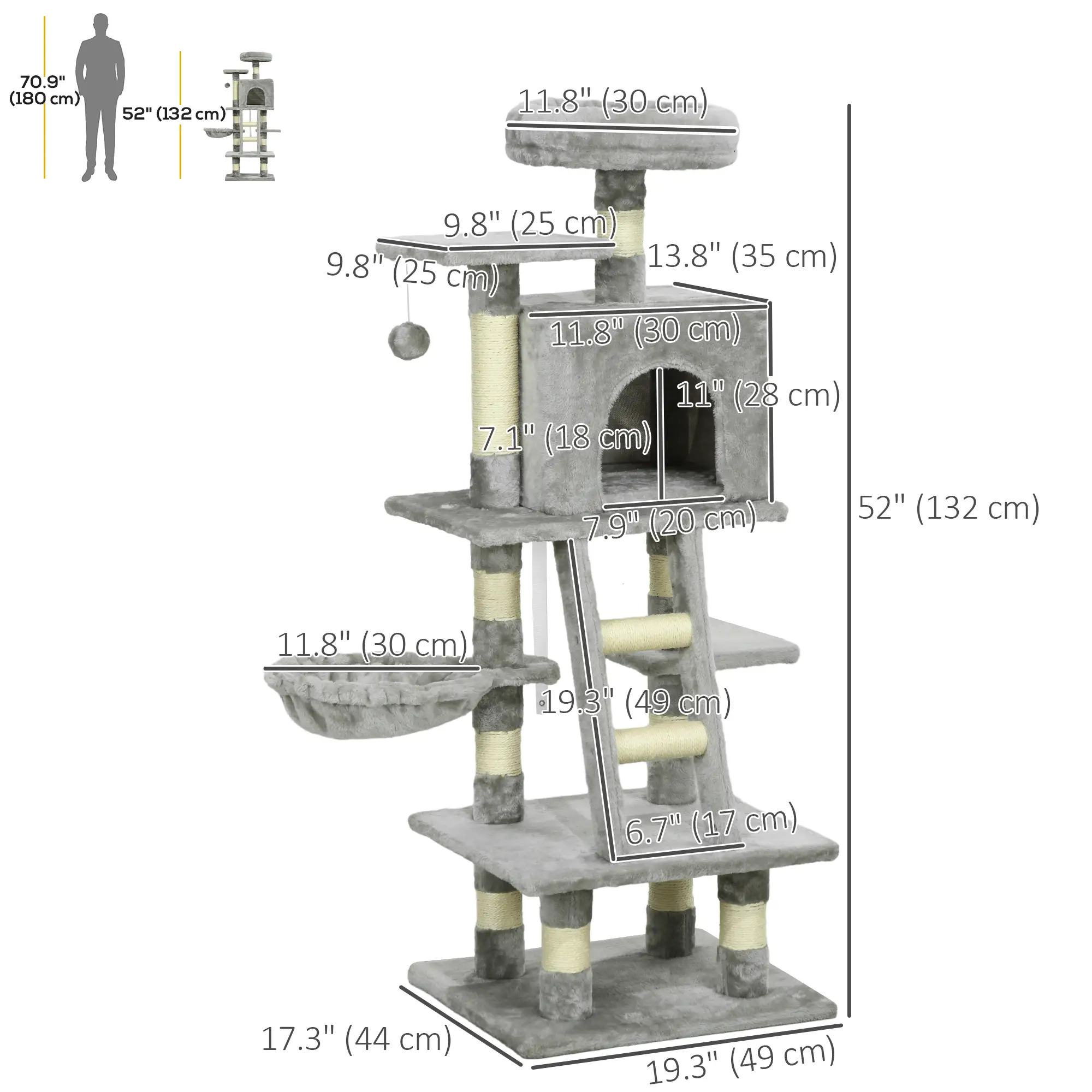 49 Inch Cat Tree for Indoor Cats, Light Grey - Image 3