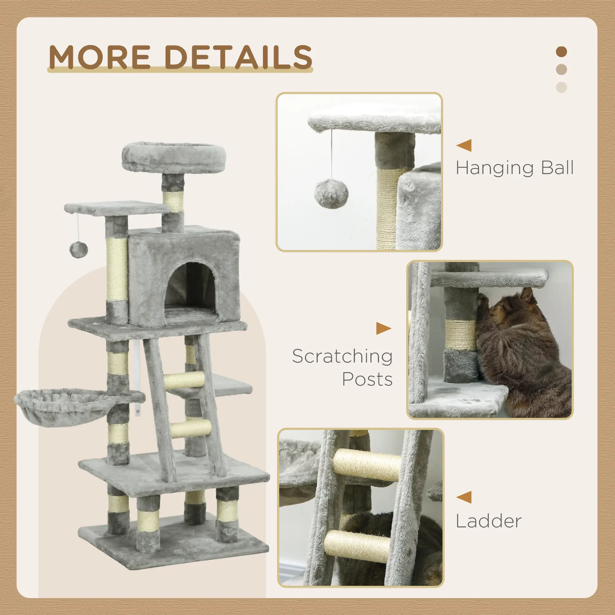 49 Inch Cat Tree for Indoor Cats, Light Grey - Image 5