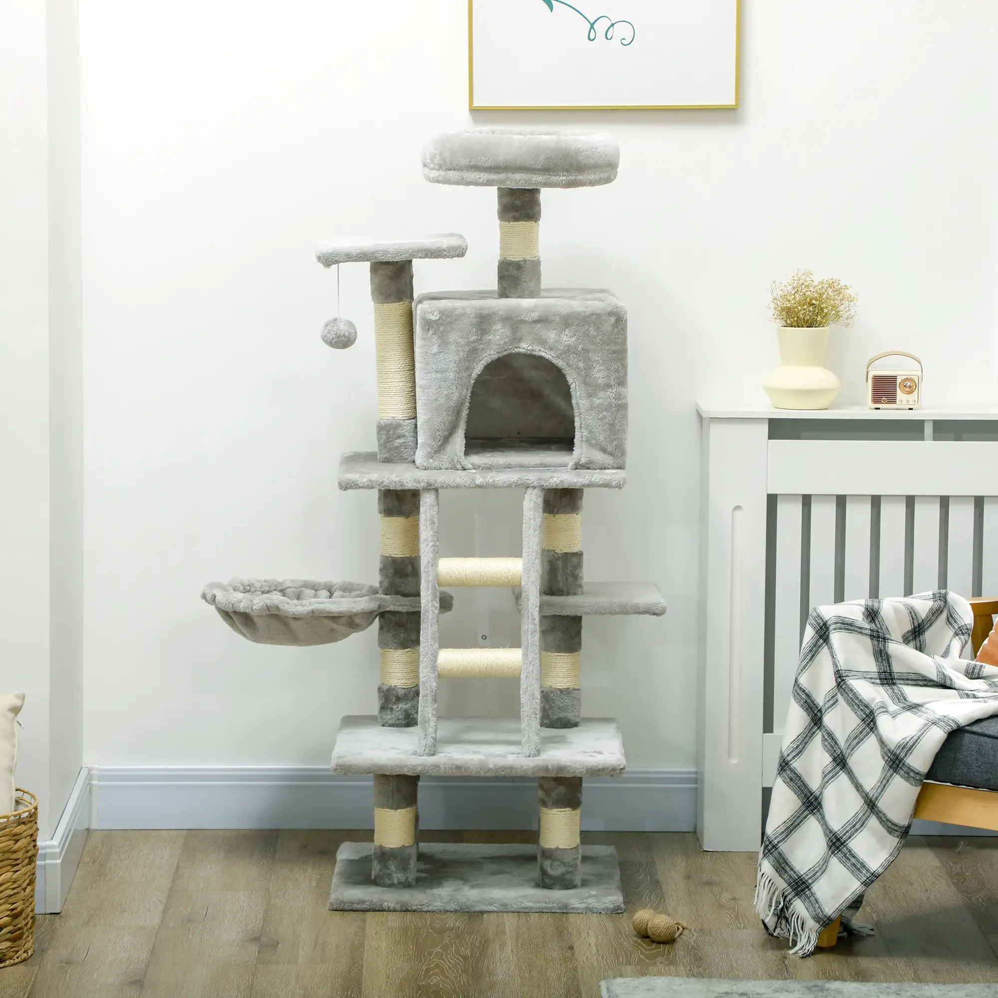 49 Inch Cat Tree for Indoor Cats, Light Grey - Image 9