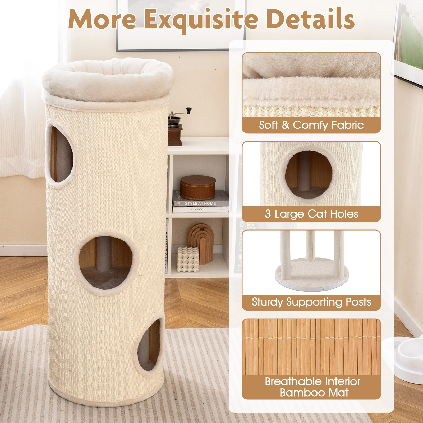 49 Inch Elevated Cat Cave, 4-Story Cat House, Beige - Image 10