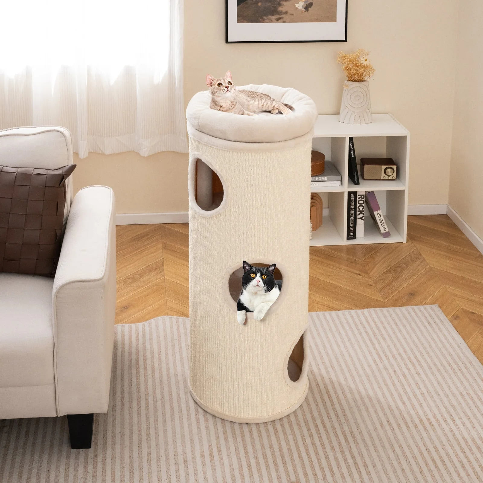 49 Inch Elevated Cat Cave, 4-Story Cat House, Beige - Image 2