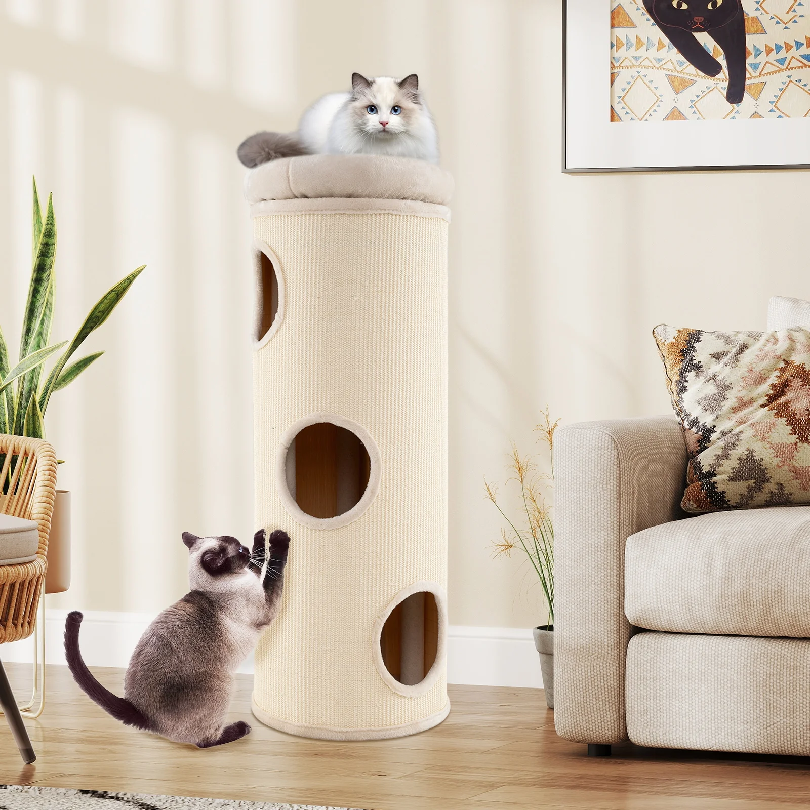 49 Inch Elevated Cat Cave, 4-Story Cat House, Beige - Image 3