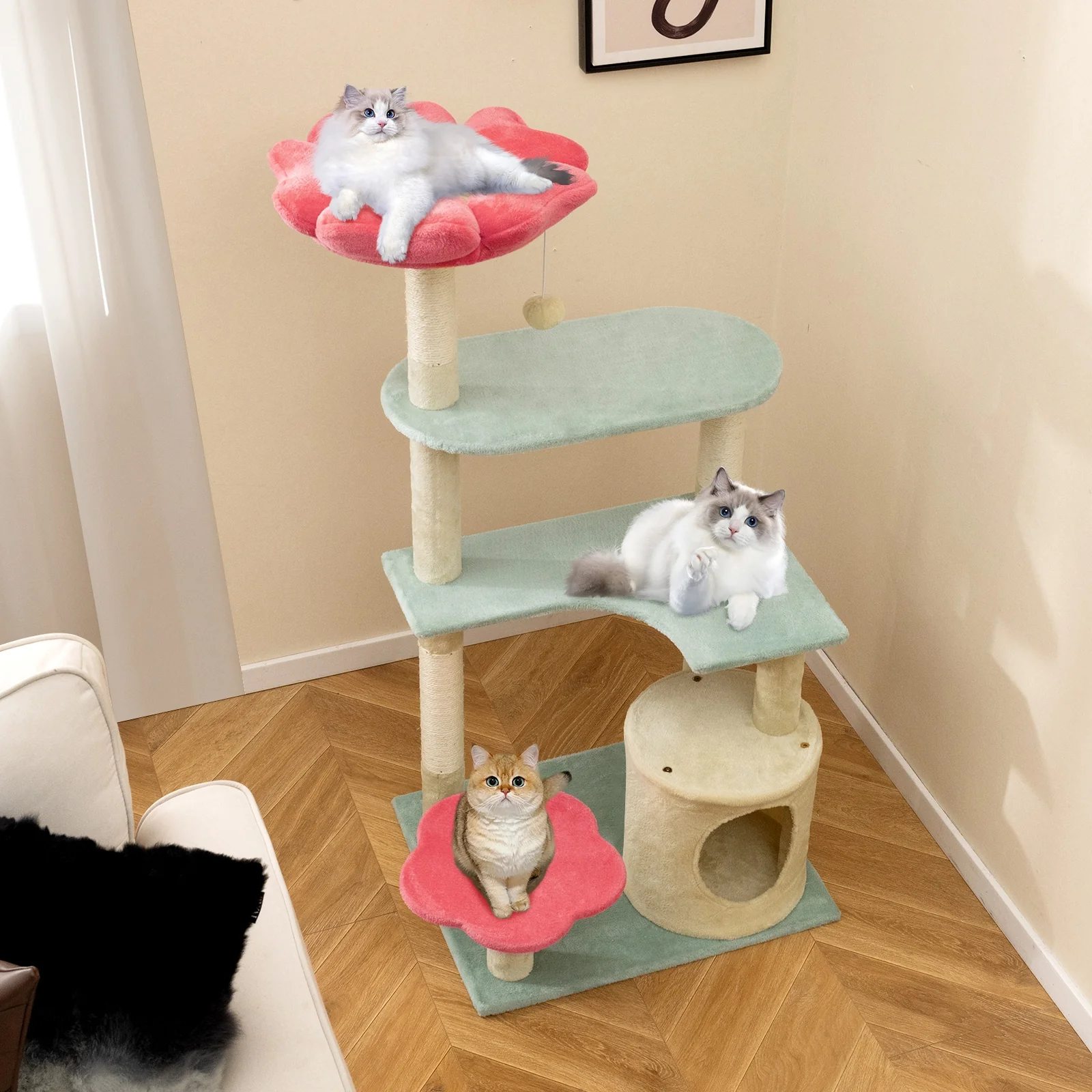 49 Inch Multi-Level Floral Kitten Tower, Flower-Shaped Plush Perch, Multicolor - Image 11