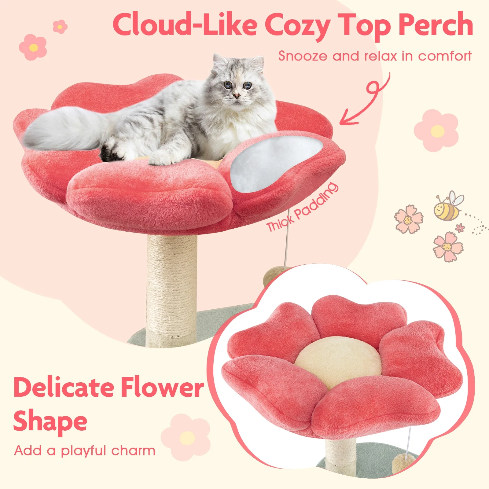 49 Inch Multi-Level Floral Kitten Tower, Flower-Shaped Plush Perch, Multicolor - Image 16