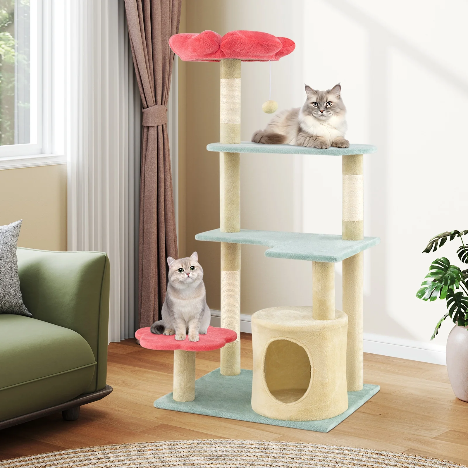 49 Inch Multi-Level Floral Kitten Tower, Flower-Shaped Plush Perch, Multicolor - Image 3
