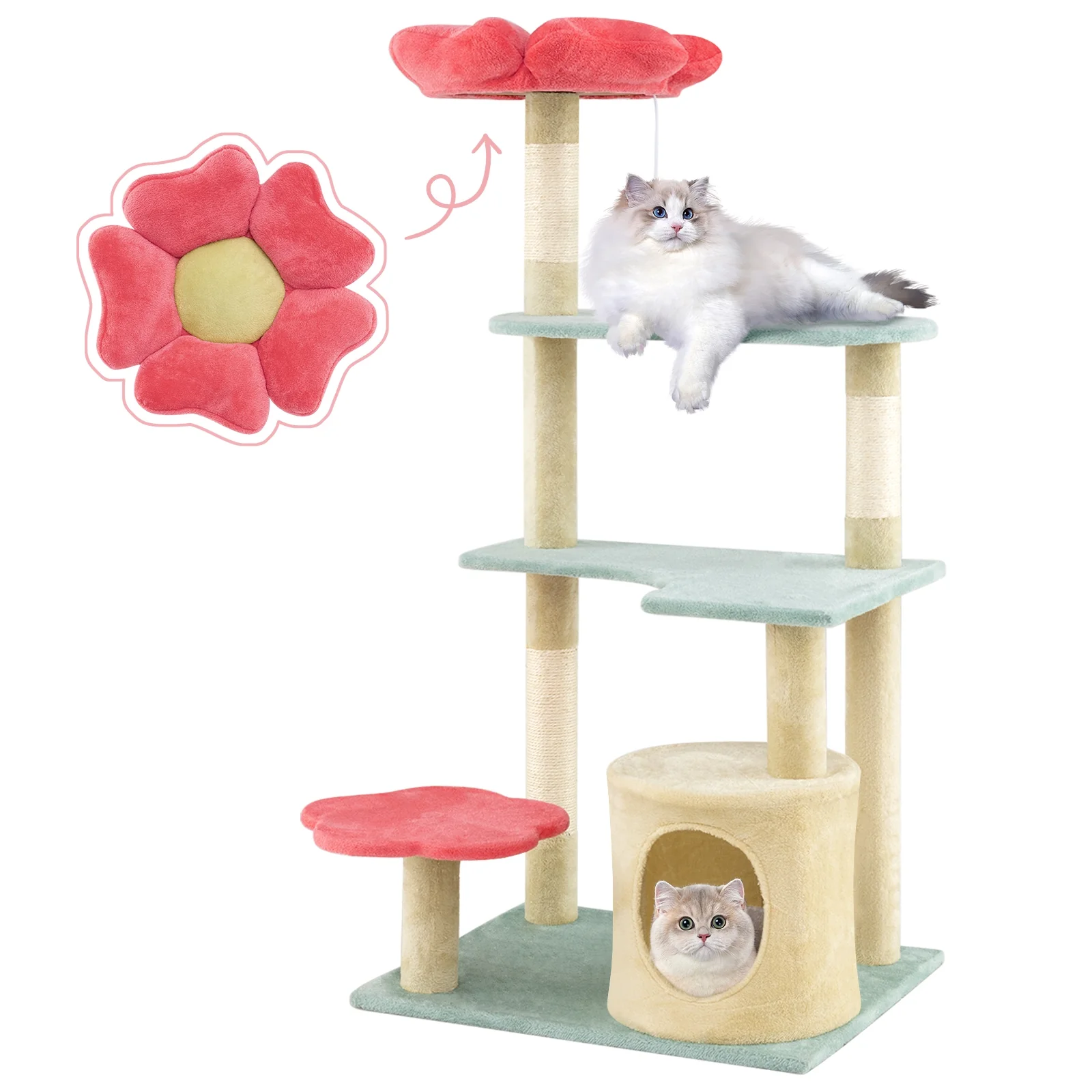 49 Inch Multi-Level Floral Kitten Tower, Flower-Shaped Plush Perch, Multicolor - Image 4