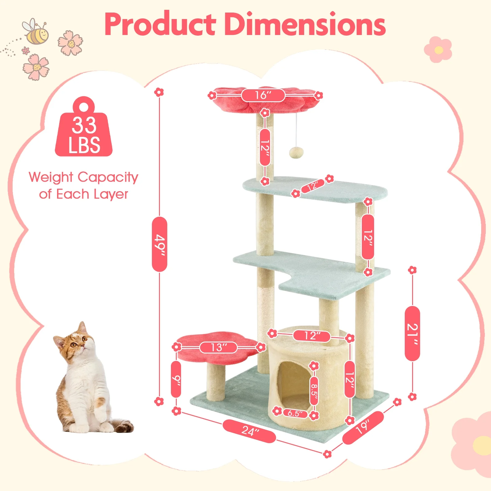 49 Inch Multi-Level Floral Kitten Tower, Flower-Shaped Plush Perch, Multicolor - Image 6