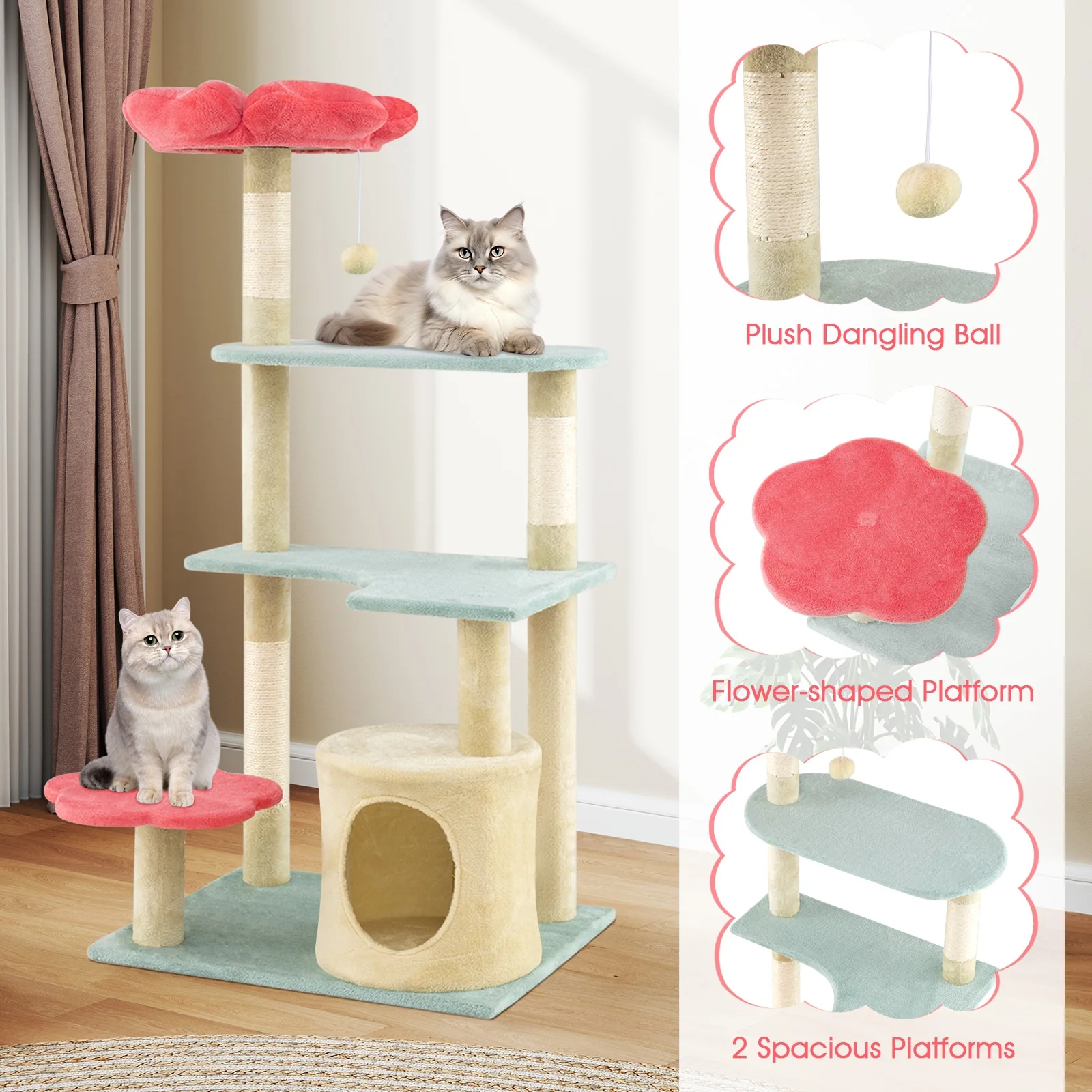 49 Inch Multi-Level Floral Kitten Tower, Flower-Shaped Plush Perch, Multicolor - Image 9