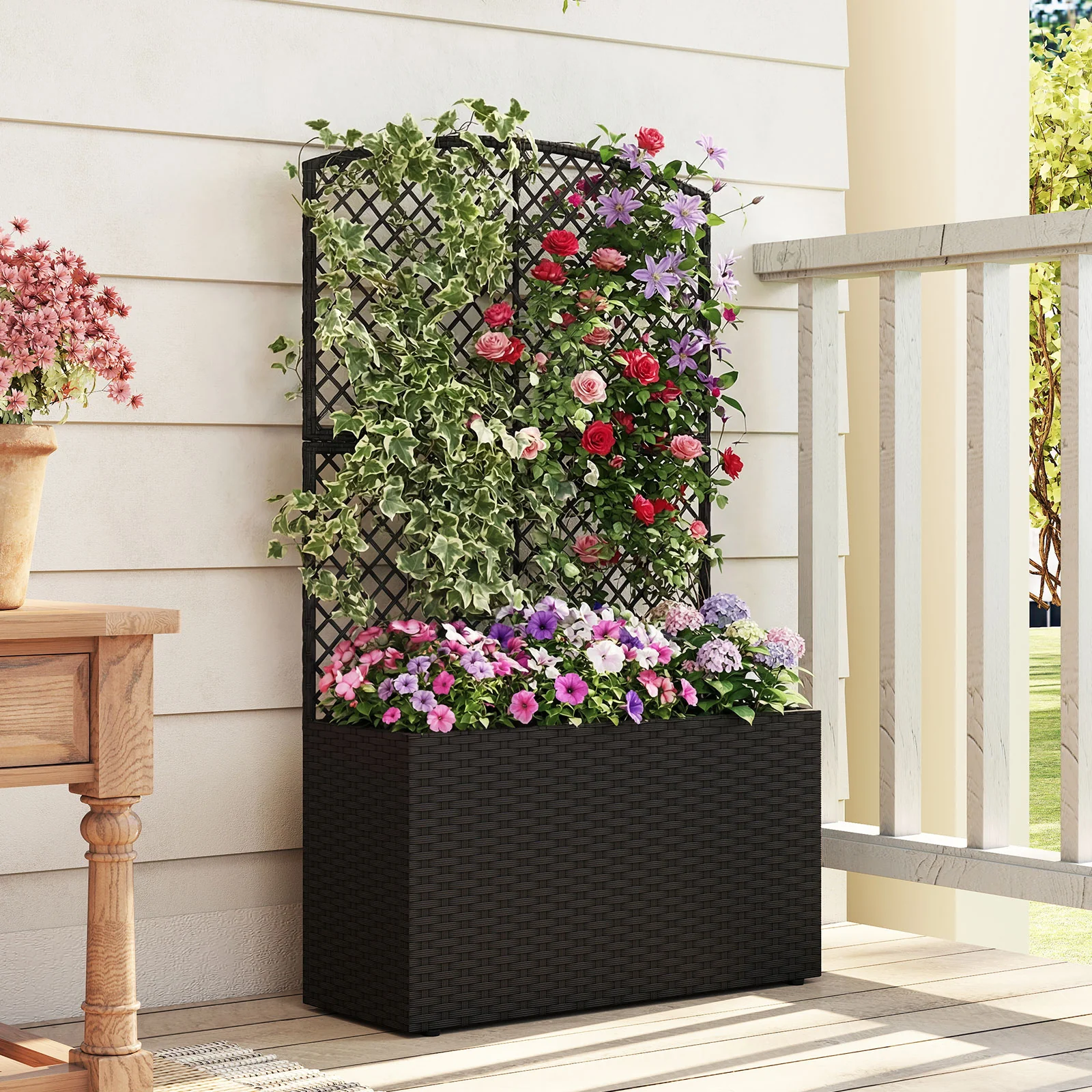49 Inch Raised Garden Bed With Trellis, Wicker Planter Box, Black - Image 3