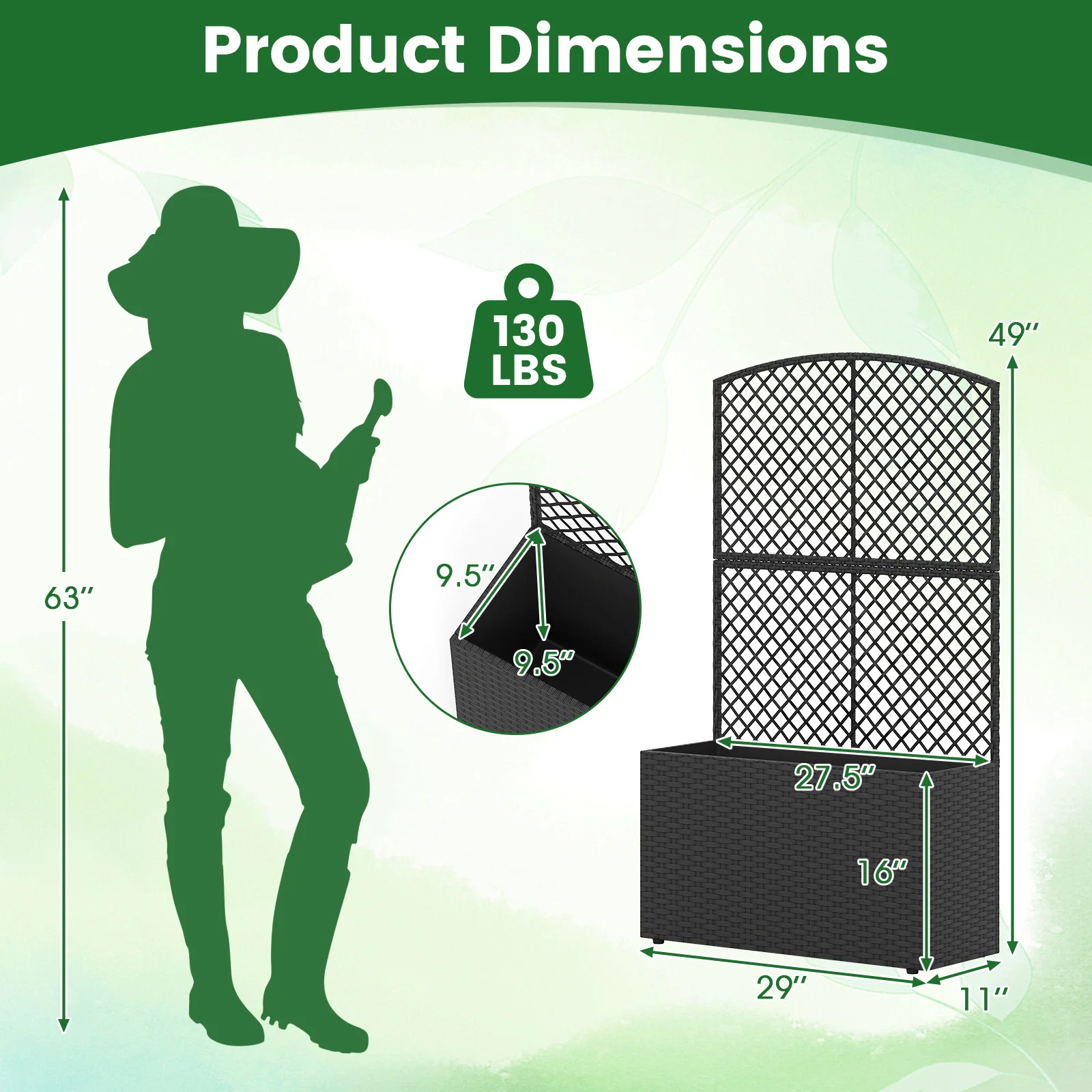 49 Inch Raised Garden Bed With Trellis, Wicker Planter Box, Black - Image 5