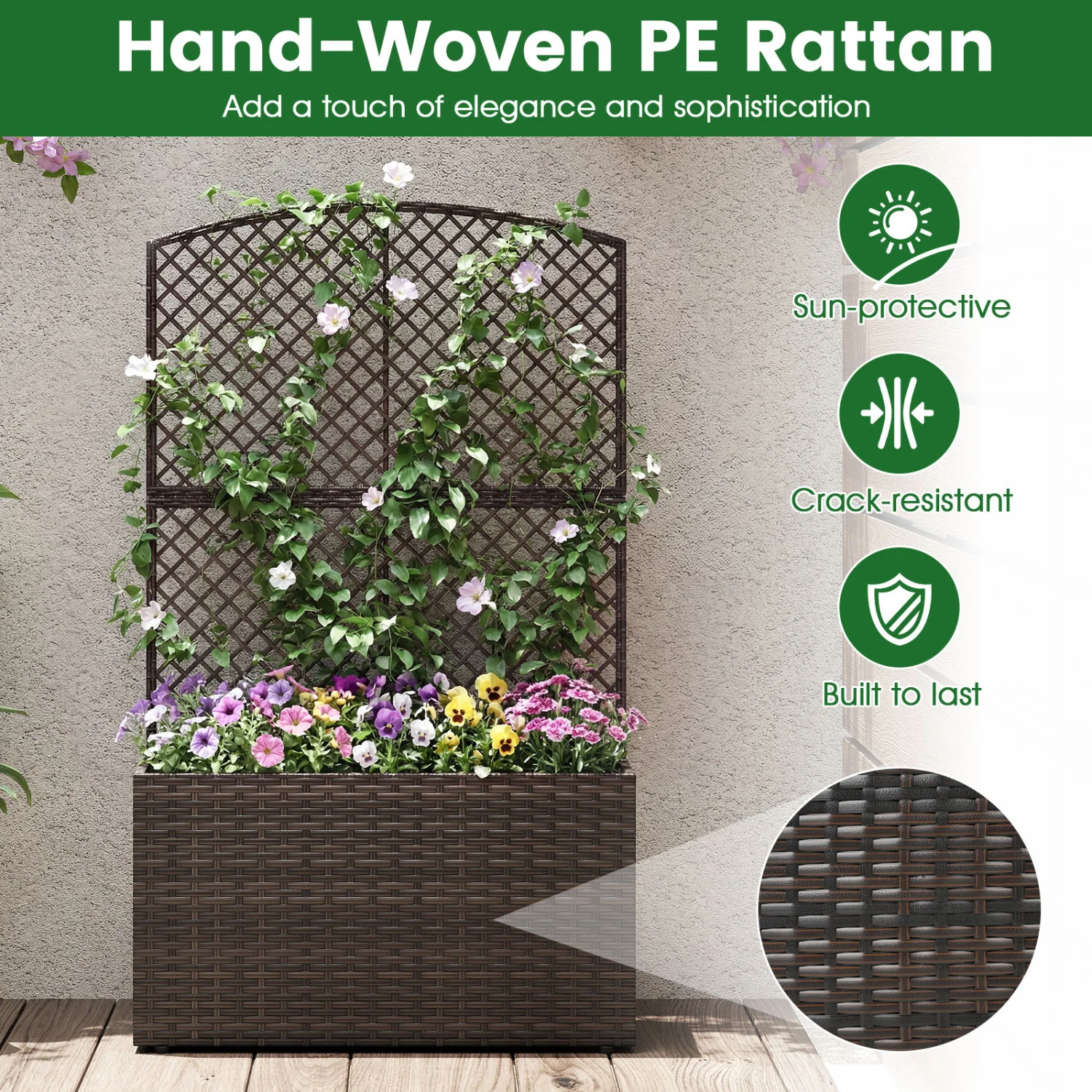 49 Inch Raised Garden Bed With Trellis, Wicker Planter Box, Brown - Image 7