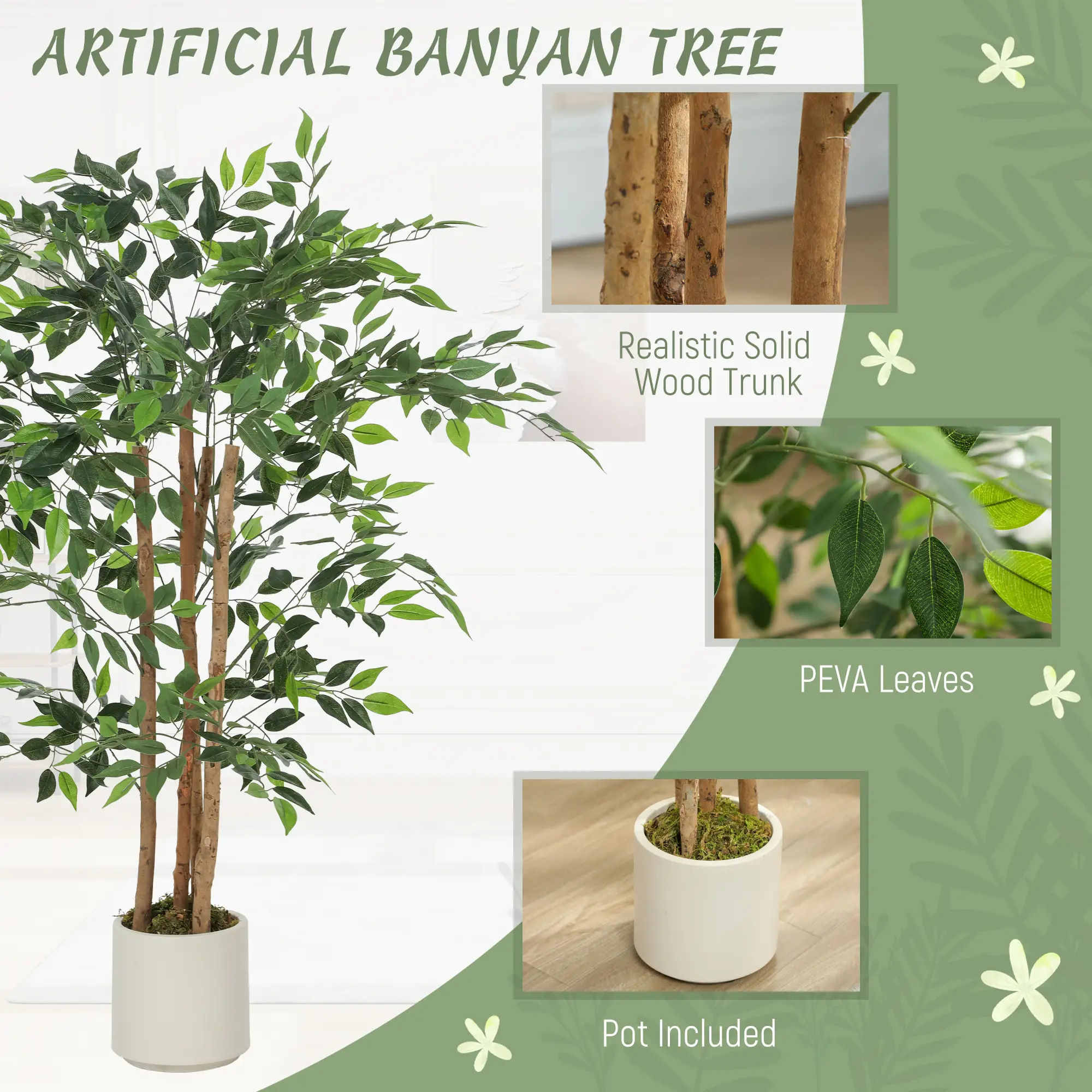 4FT Artificial Banyan Tree Set Of 2, Fake Potted Tree With Wood Trunk - Image 4