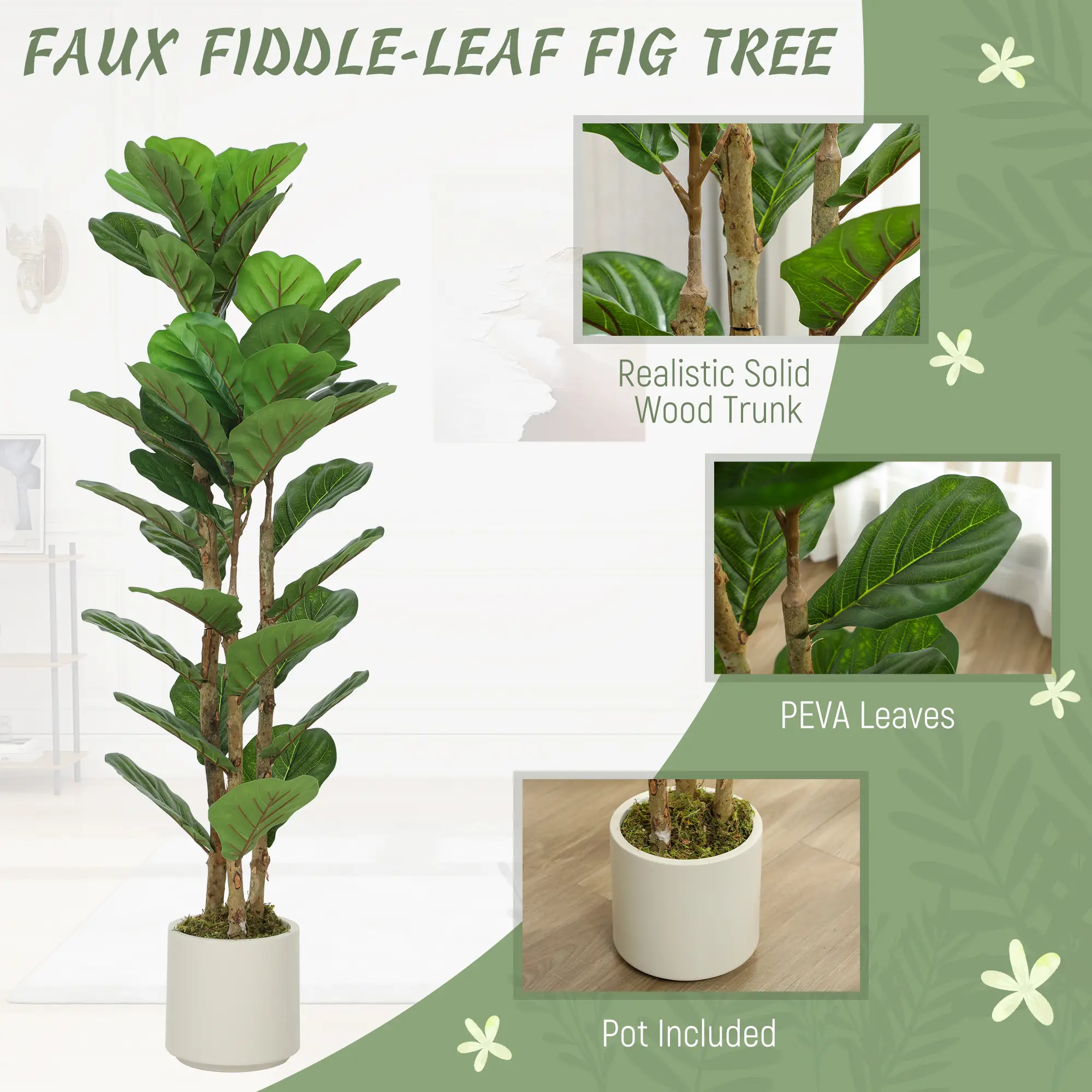 4FT Artificial Fiddle Leaf Fig Tree, Solid Wood Trunk, Green - Image 4