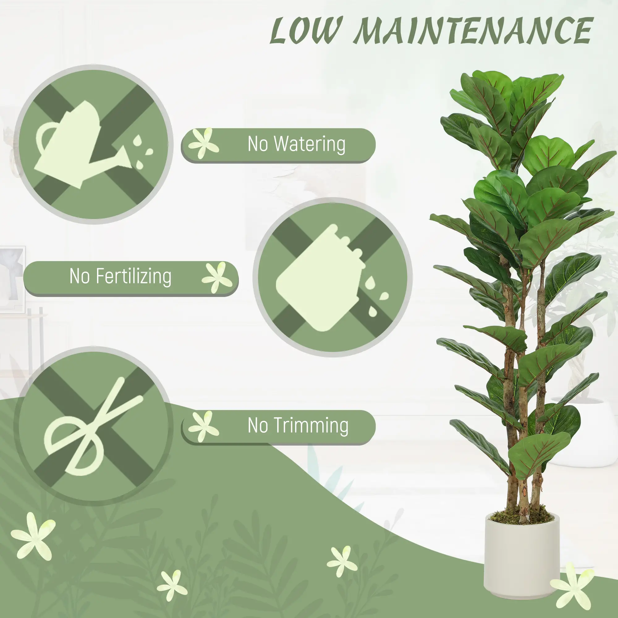4FT Artificial Fiddle Leaf Fig Tree, Solid Wood Trunk, Green - Image 5