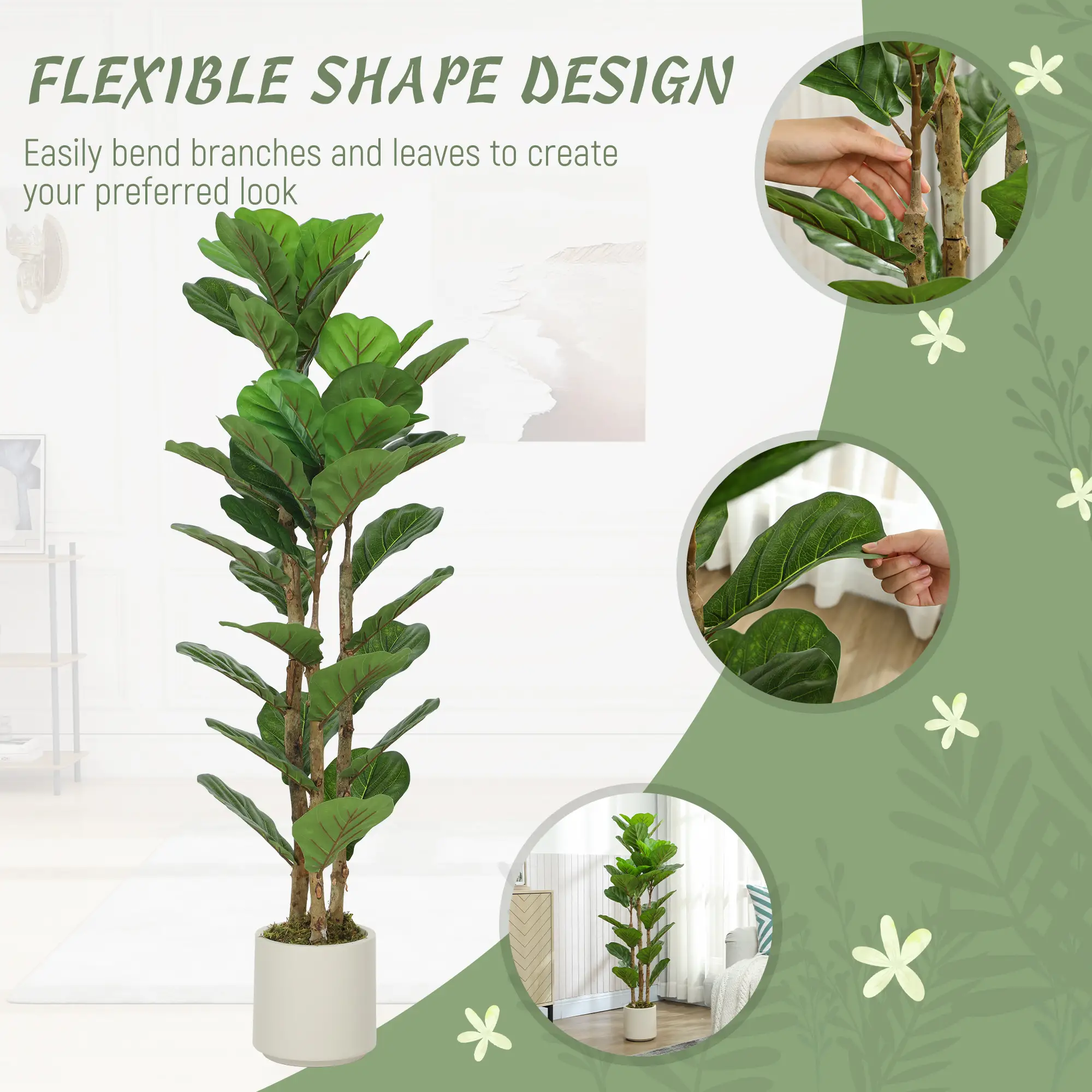 4FT Artificial Fiddle Leaf Fig Tree, Solid Wood Trunk, Green - Image 6