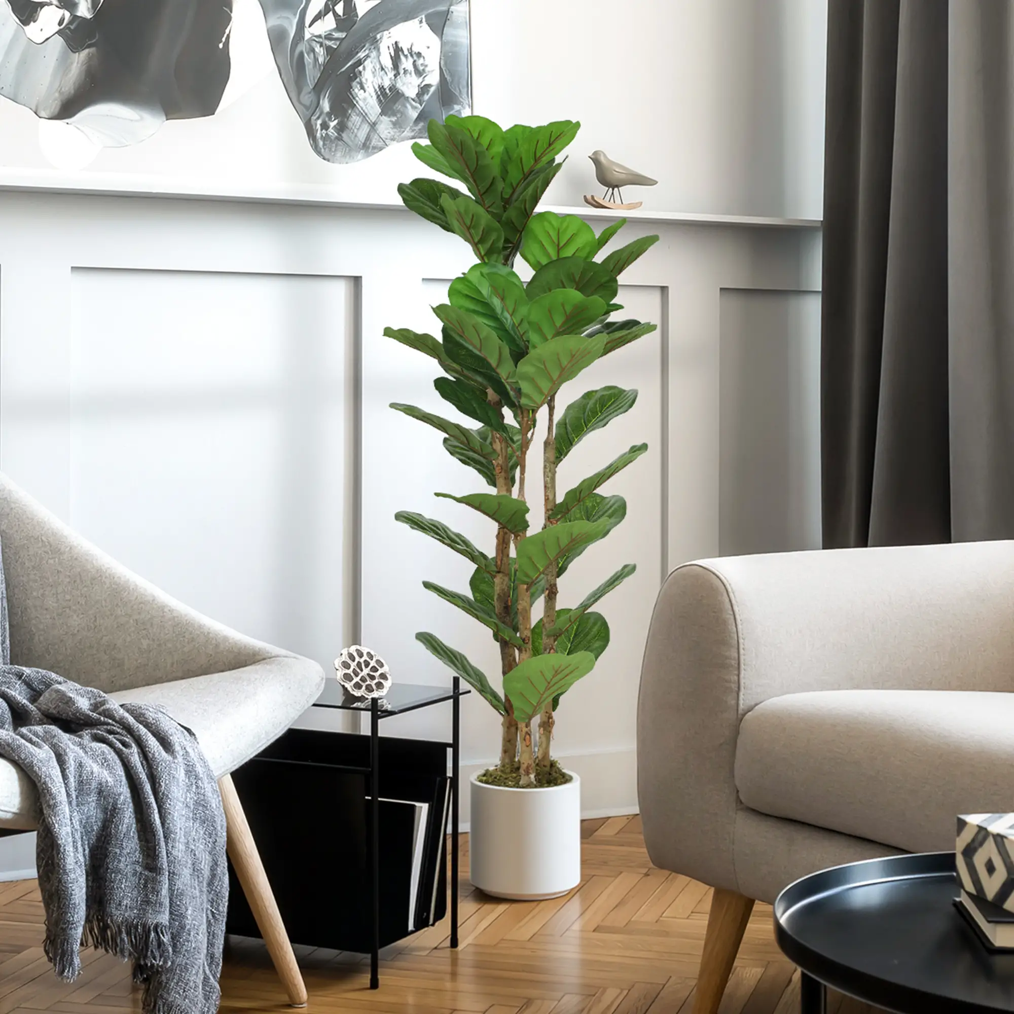 4FT Artificial Fiddle Leaf Fig Tree, Solid Wood Trunk, Green - Image 8
