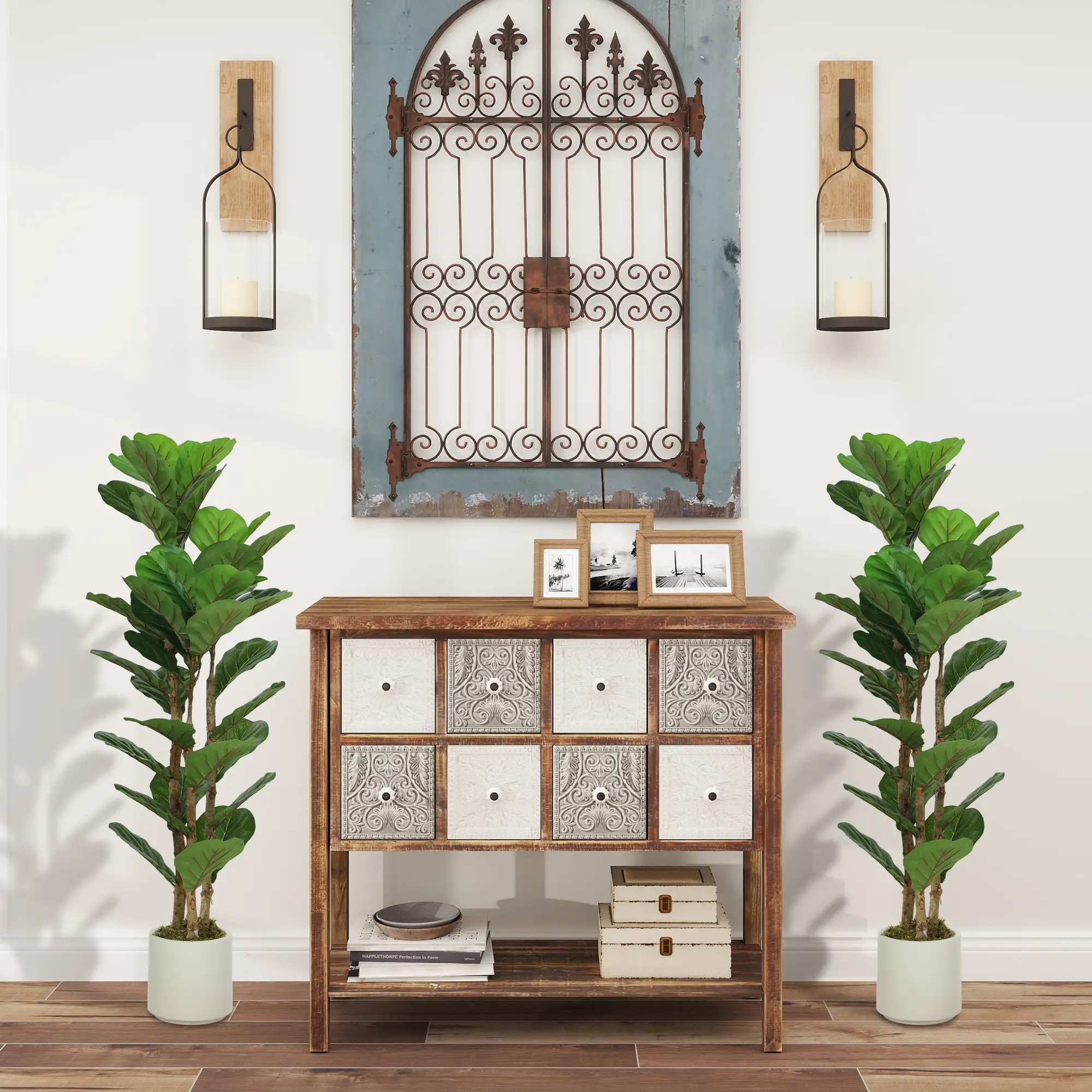 4FT Artificial Fiddle Leaf Fig Tree Set Of 2, Fake Potted Tree With Solid Wood Trunks, Green - Image 2