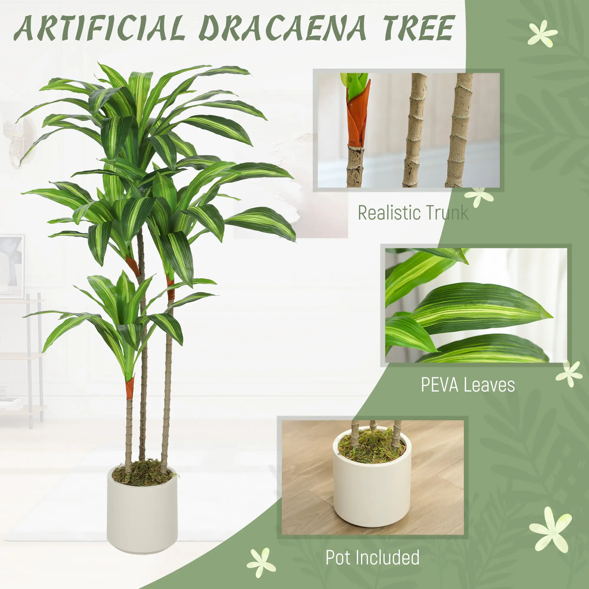 4FT Dracaena Artificial Plant, Bendable Trunks, Green - Image 4