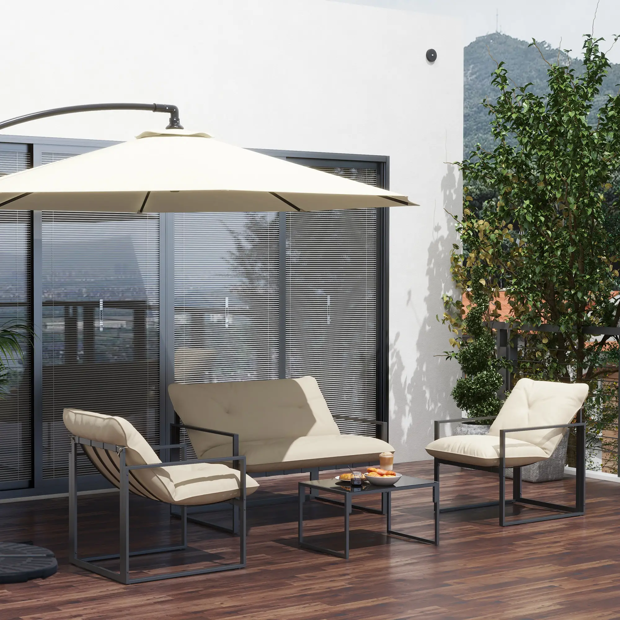 4pc Outdoor Furniture Set, Patio Conversation Set, Tempered Glass Table, Beige - Image 10
