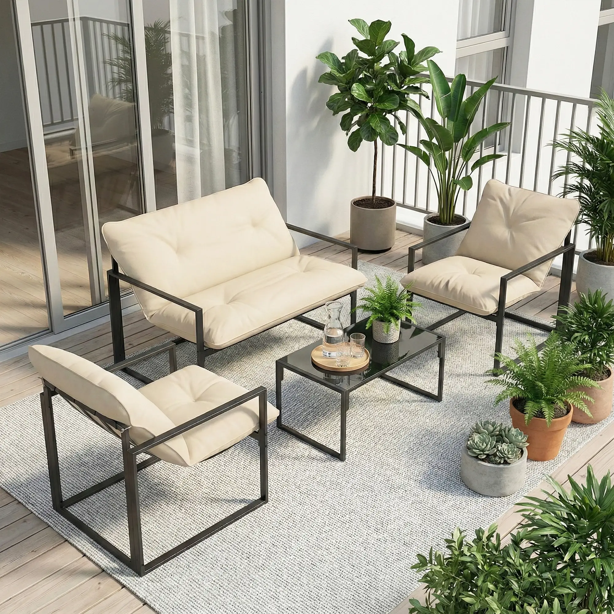 4pc Outdoor Furniture Set, Patio Conversation Set, Tempered Glass Table, Beige - Image 2