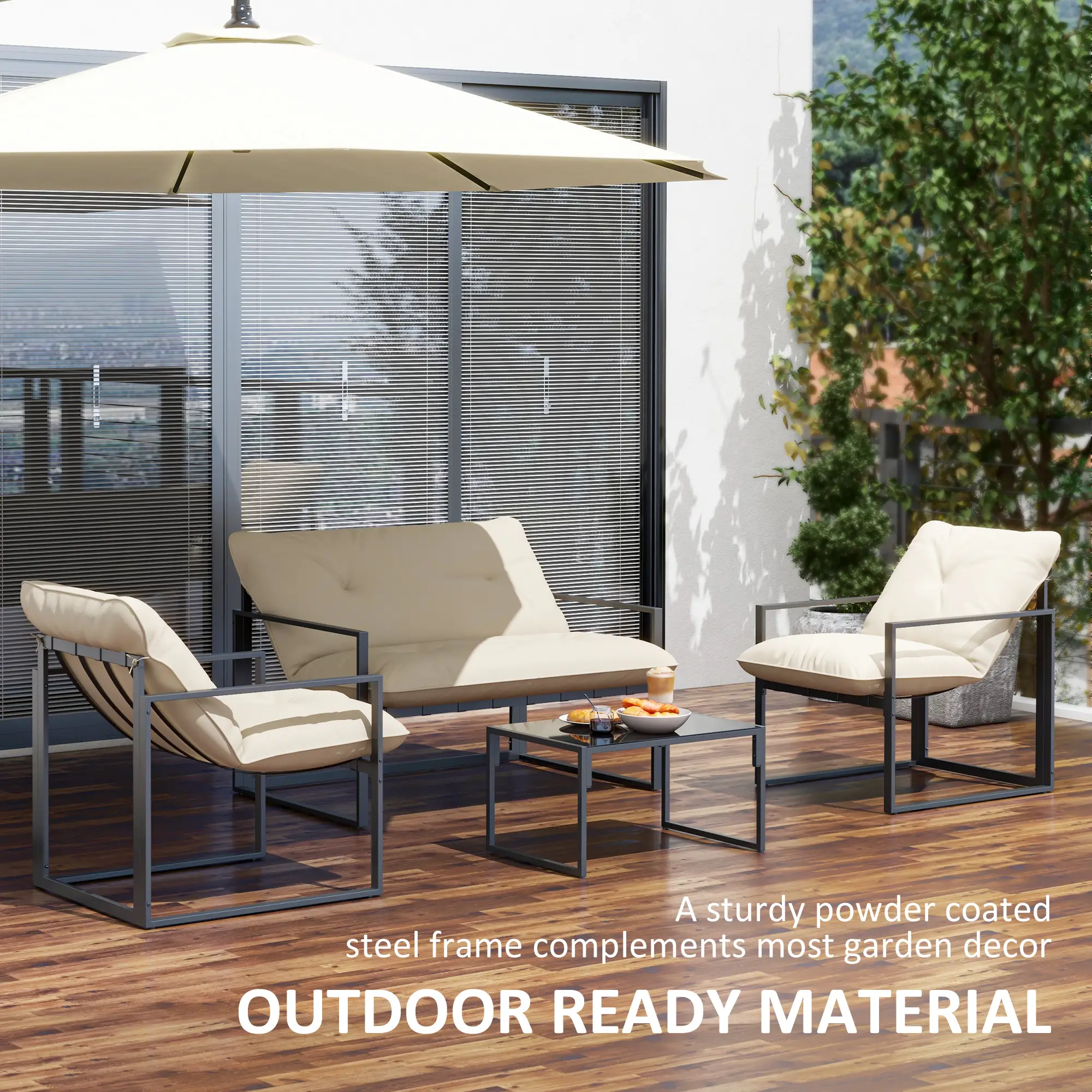4pc Outdoor Furniture Set, Patio Conversation Set, Tempered Glass Table, Beige - Image 6