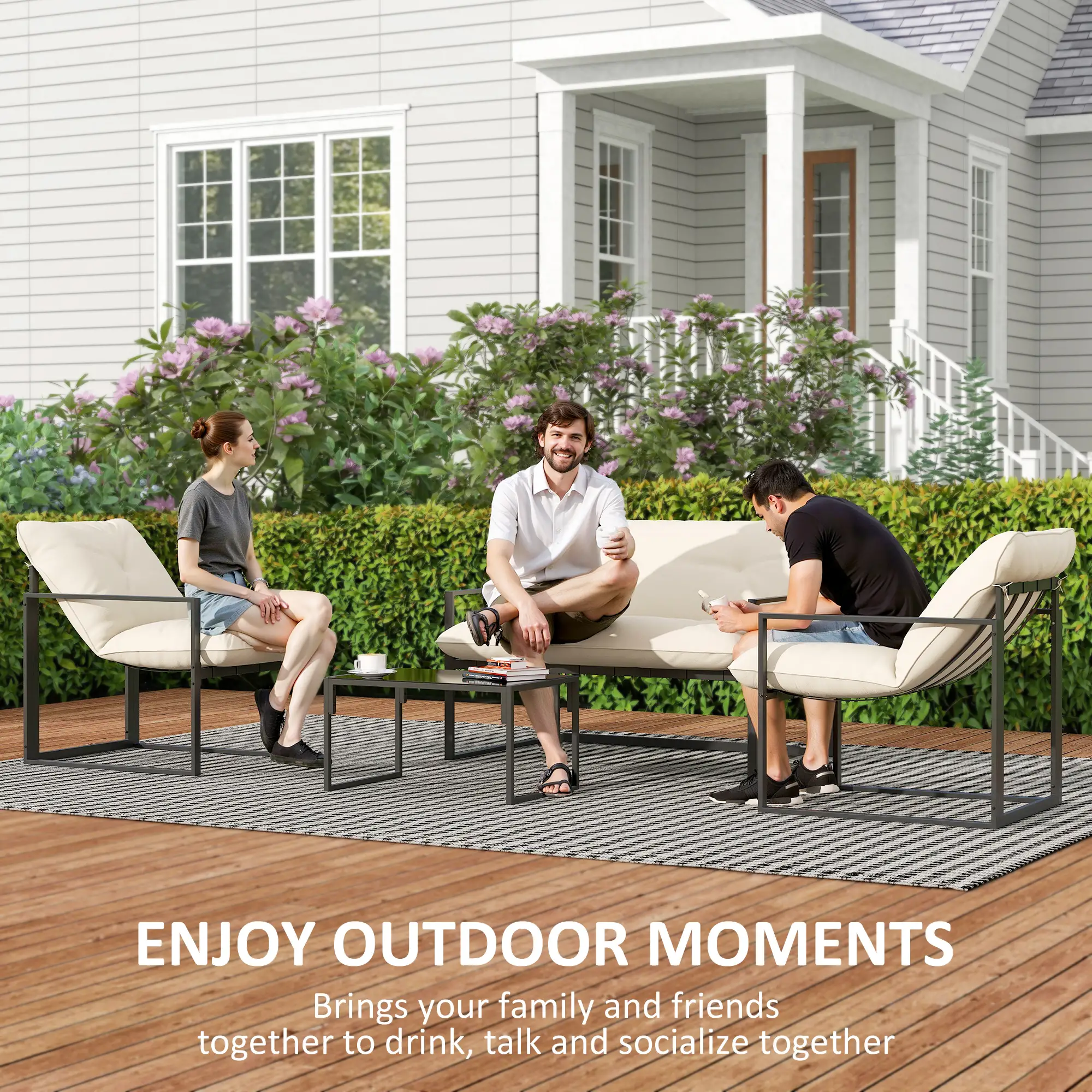 4pc Outdoor Furniture Set, Patio Conversation Set, Tempered Glass Table, Beige - Image 7