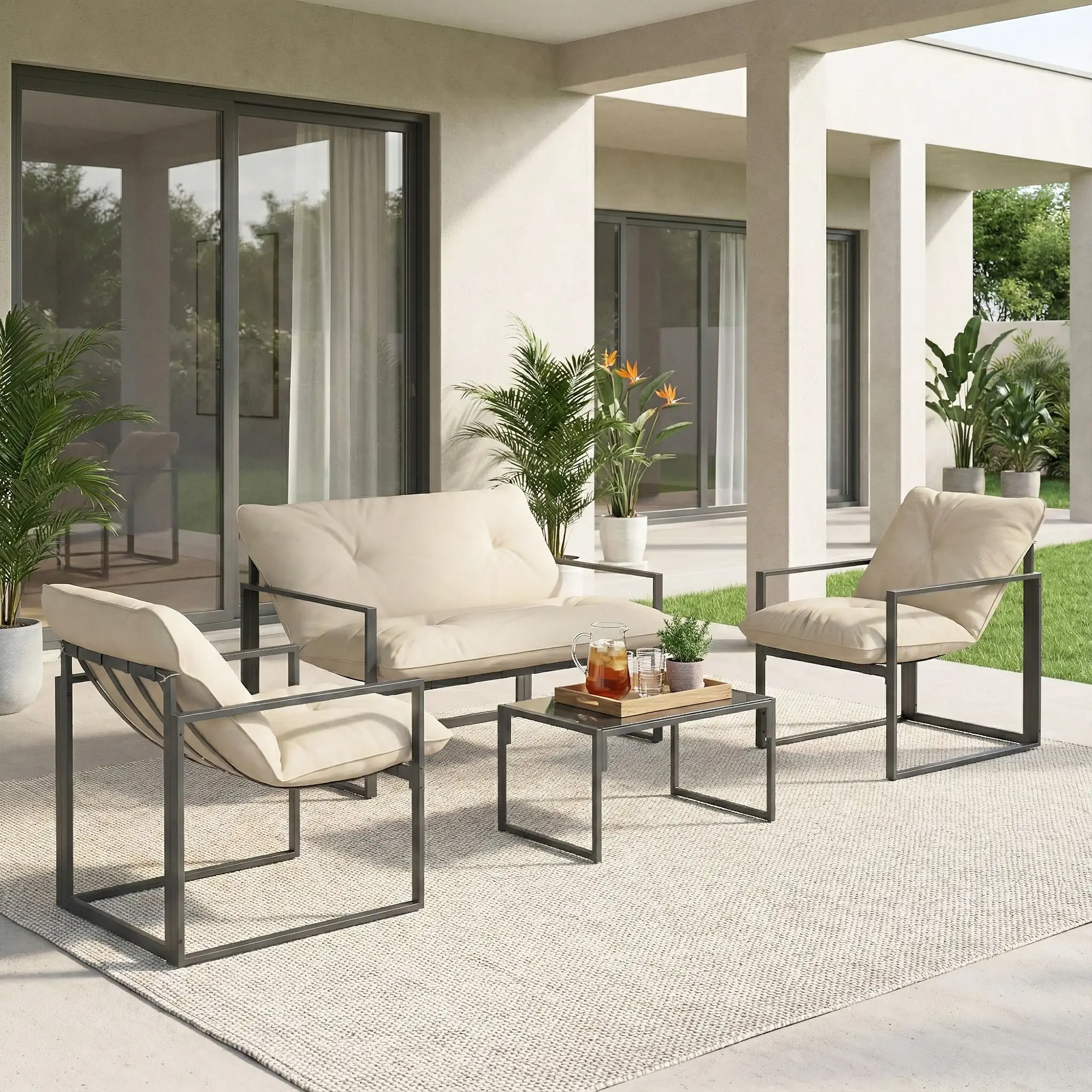 4pc Outdoor Furniture Set, Patio Conversation Set, Tempered Glass Table, Beige - Image 8