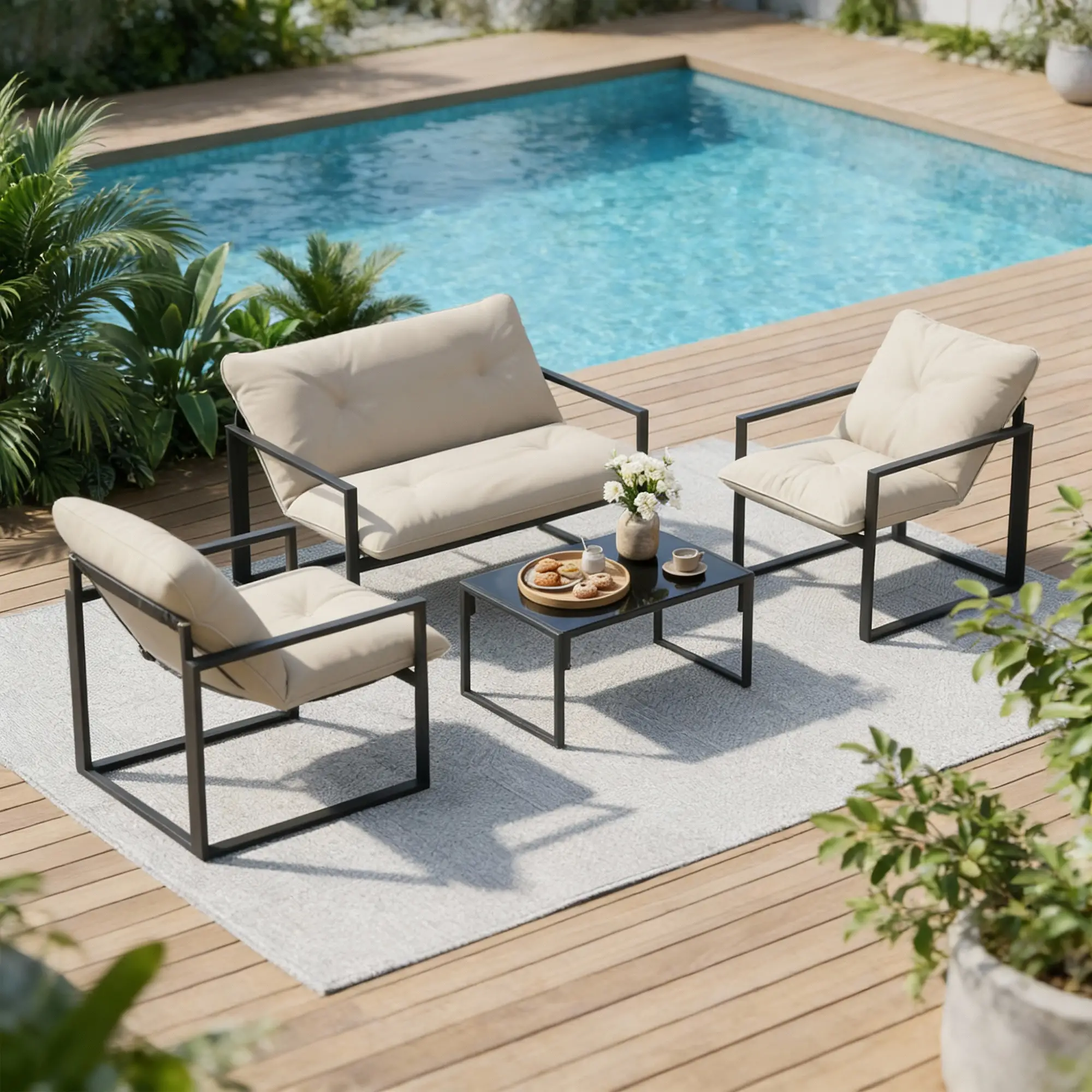 4pc Outdoor Furniture Set, Patio Conversation Set, Tempered Glass Table, Beige - Image 9