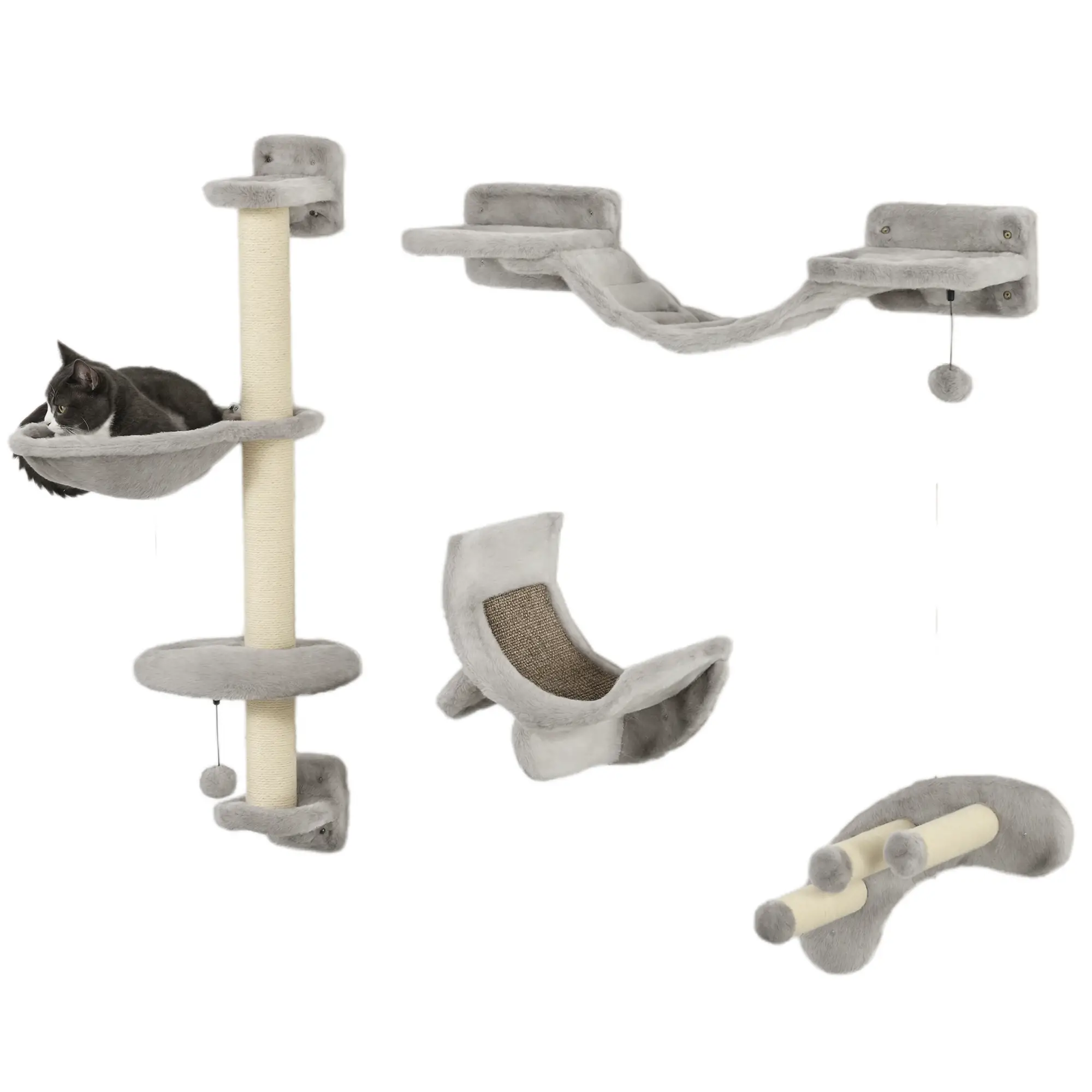 4Pcs Cat Wall Shelf with Scratching Post, Soft Ladder, Hammock, Grey - Image 11