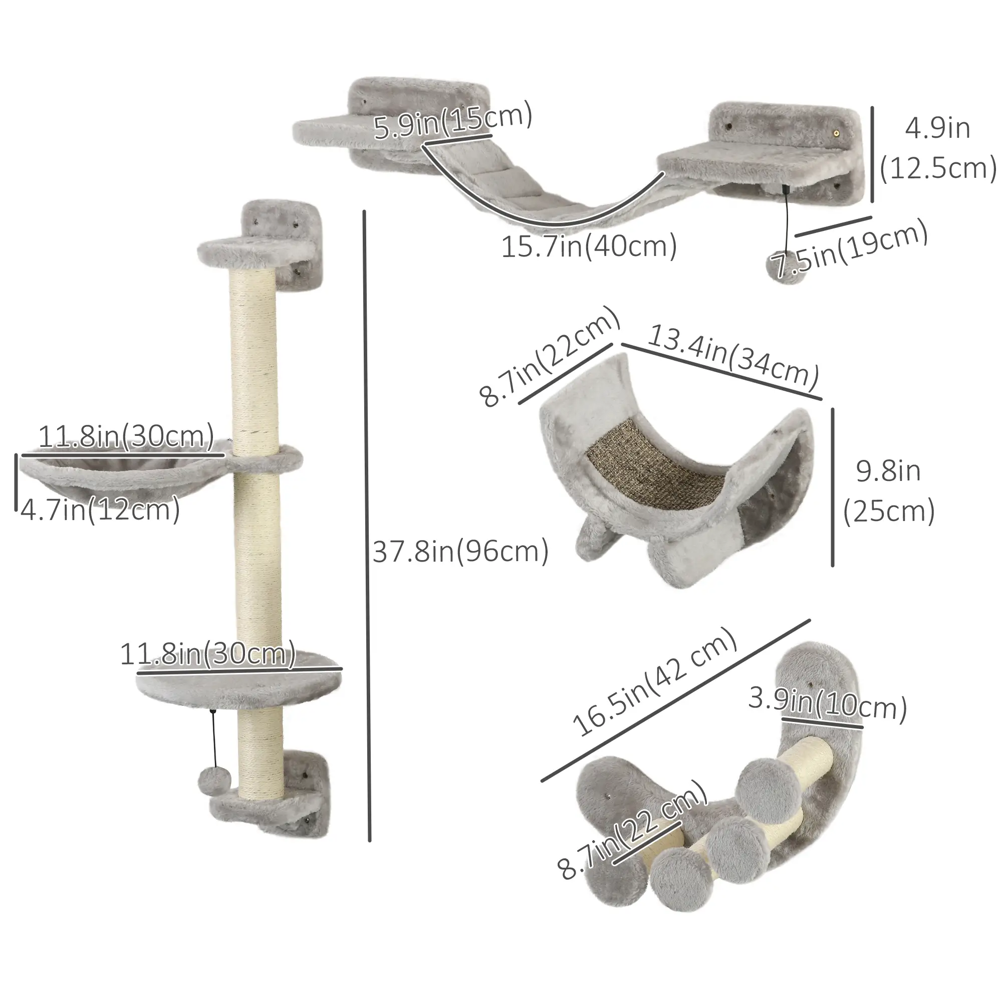 4Pcs Cat Wall Shelf with Scratching Post, Soft Ladder, Hammock, Grey - Image 3