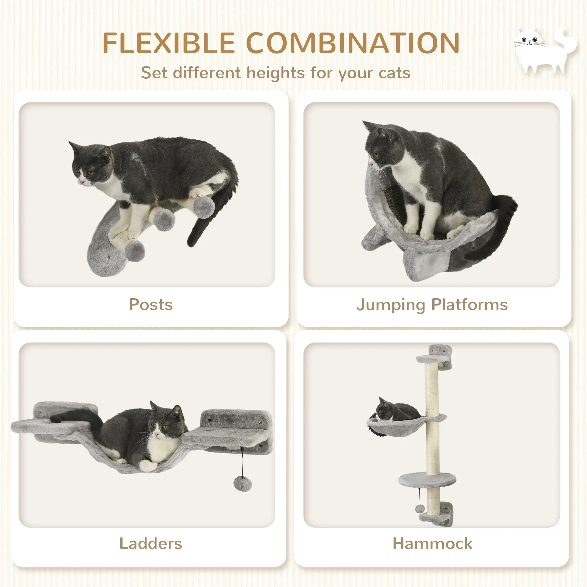 4Pcs Cat Wall Shelf with Scratching Post, Soft Ladder, Hammock, Grey - Image 5