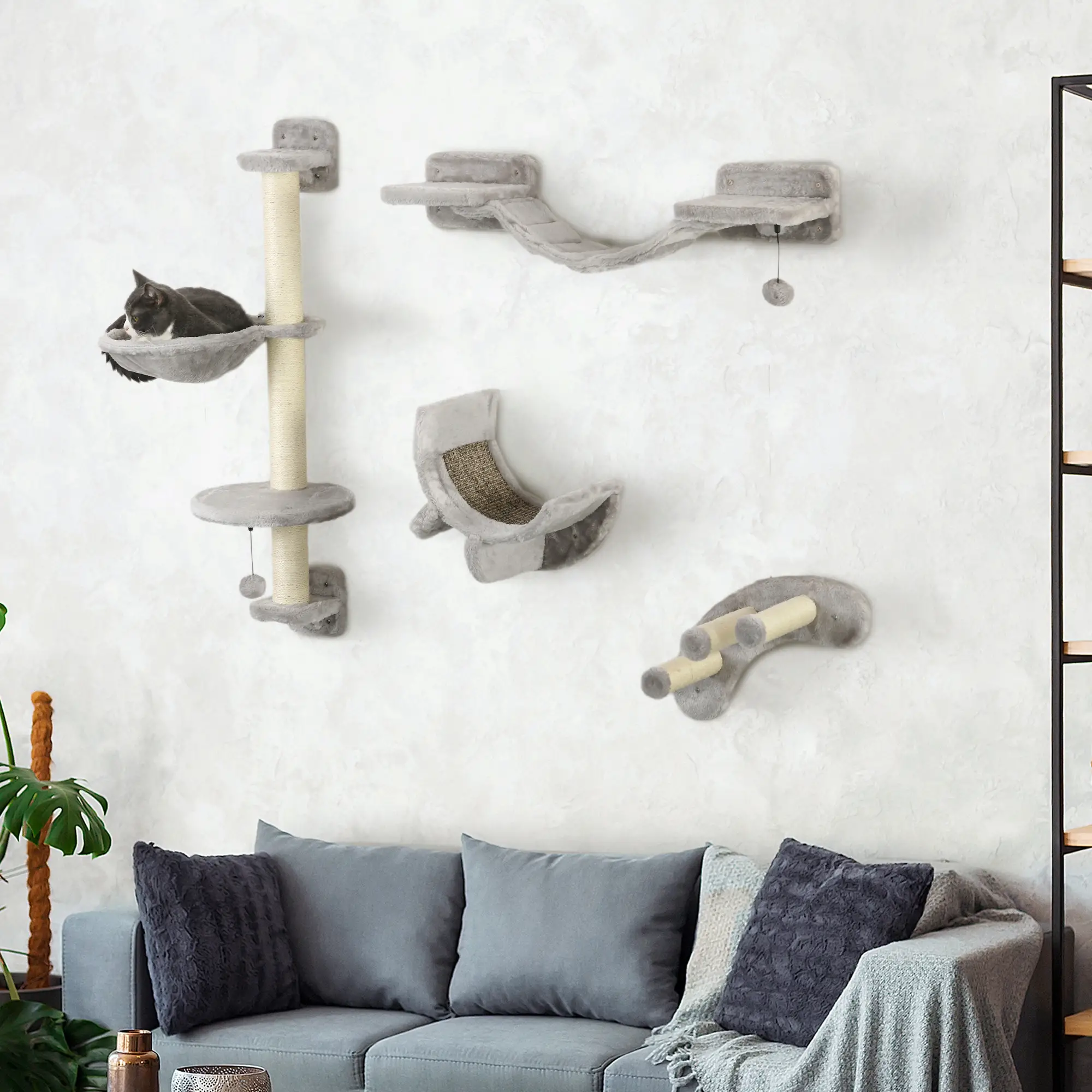 4Pcs Cat Wall Shelf with Scratching Post, Soft Ladder, Hammock, Grey - Image 8