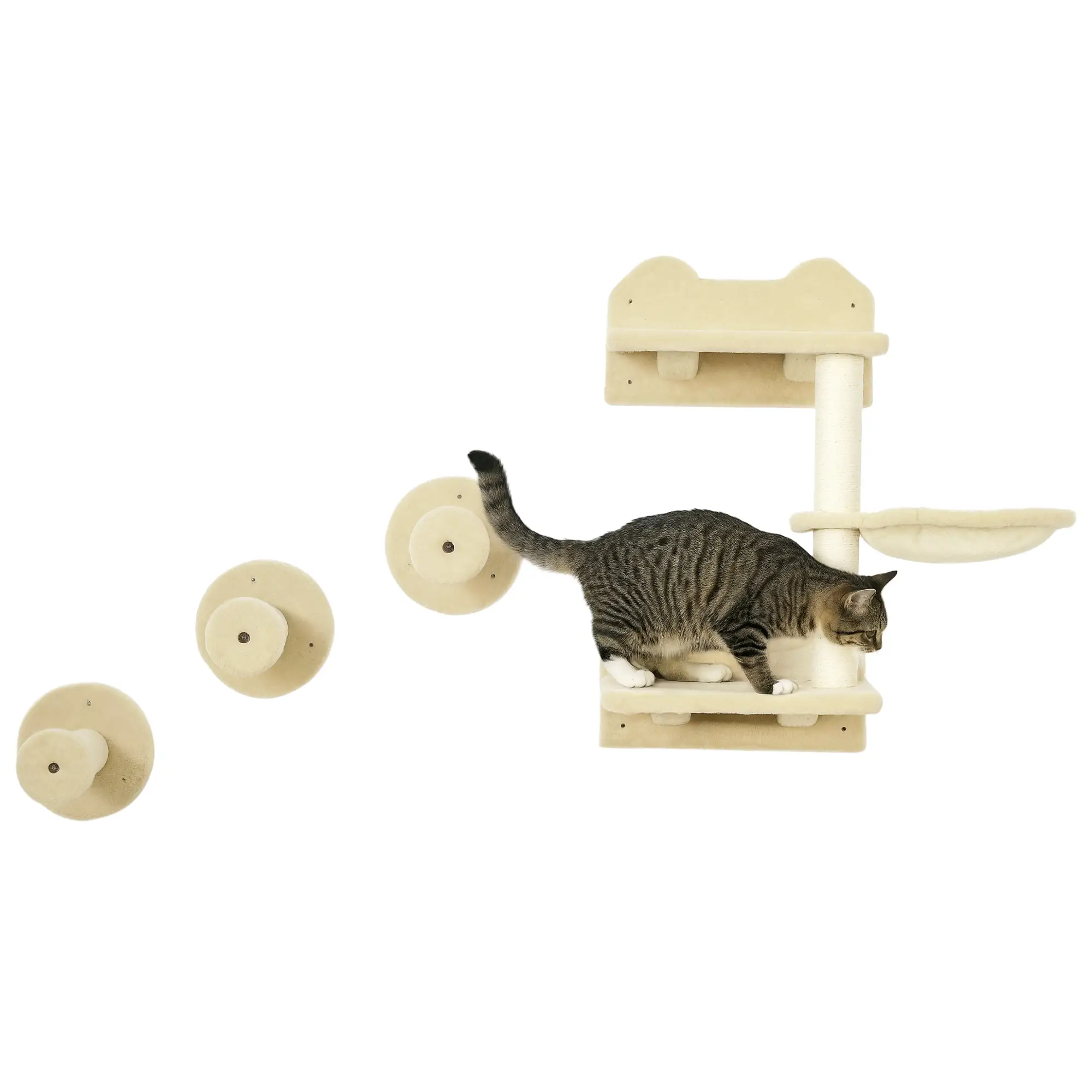 4Pcs Cat Wall Shelf with Scratching Posts, Hammock, Beige - Image 11