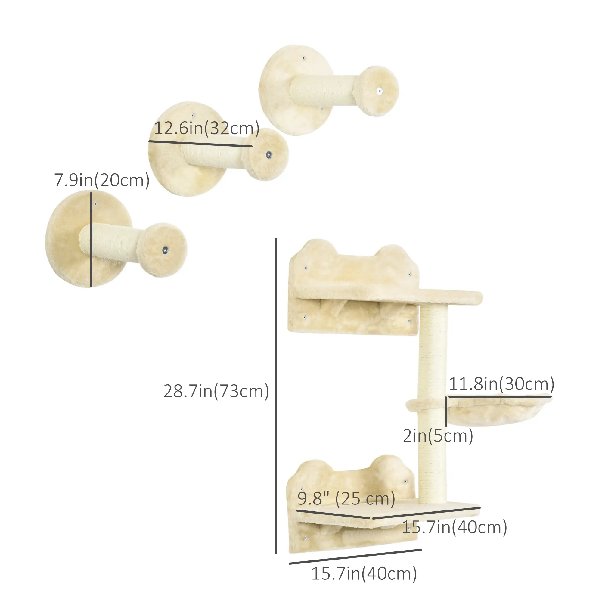 4Pcs Cat Wall Shelf with Scratching Posts, Hammock, Beige - Image 3