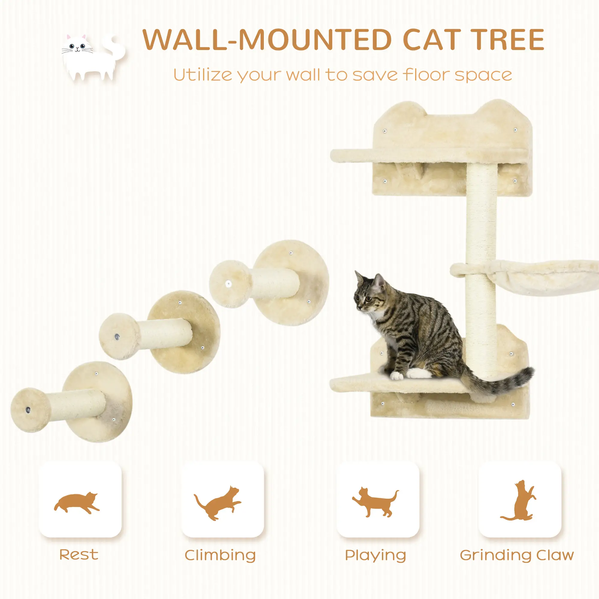 4Pcs Cat Wall Shelf with Scratching Posts, Hammock, Beige - Image 4