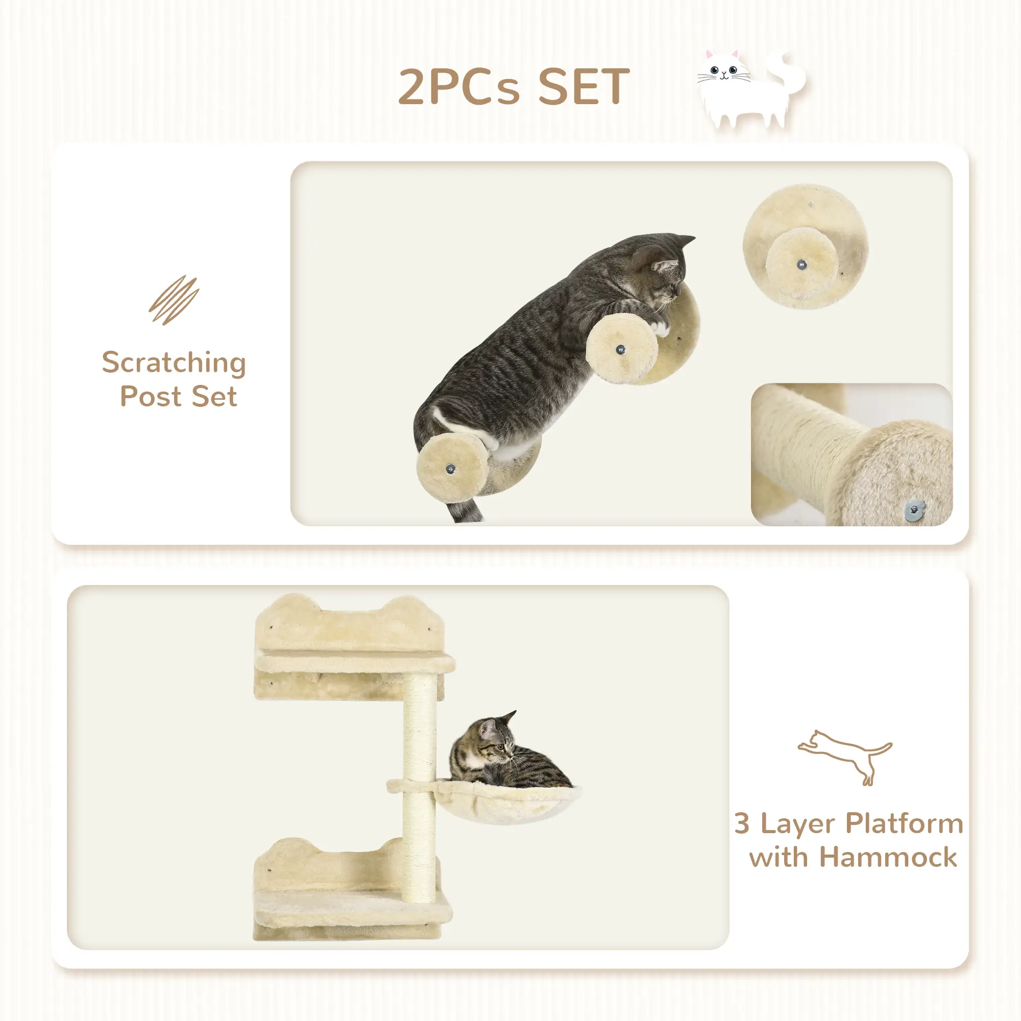 4Pcs Cat Wall Shelf with Scratching Posts, Hammock, Beige - Image 5