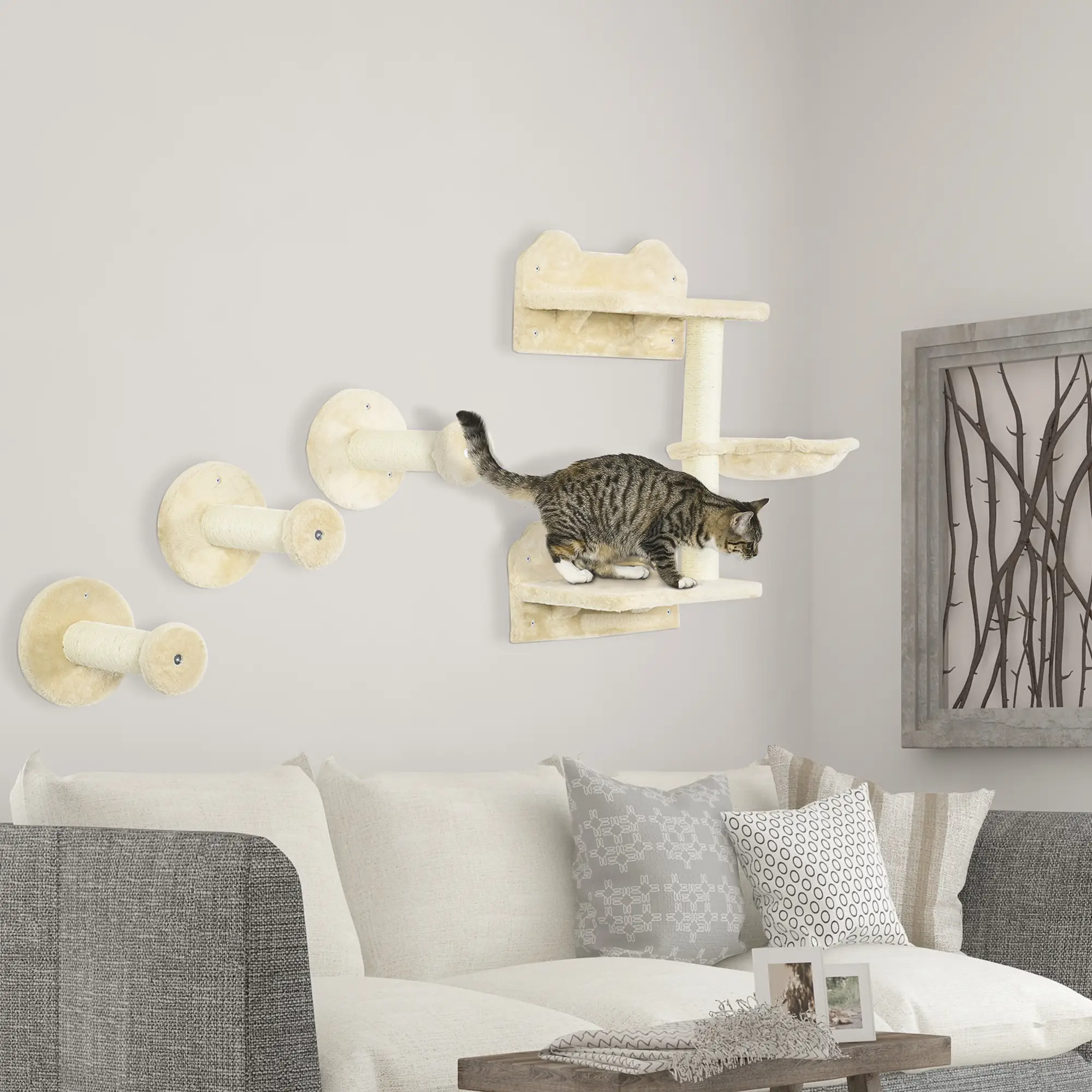 4Pcs Cat Wall Shelf with Scratching Posts, Hammock, Beige - Image 8