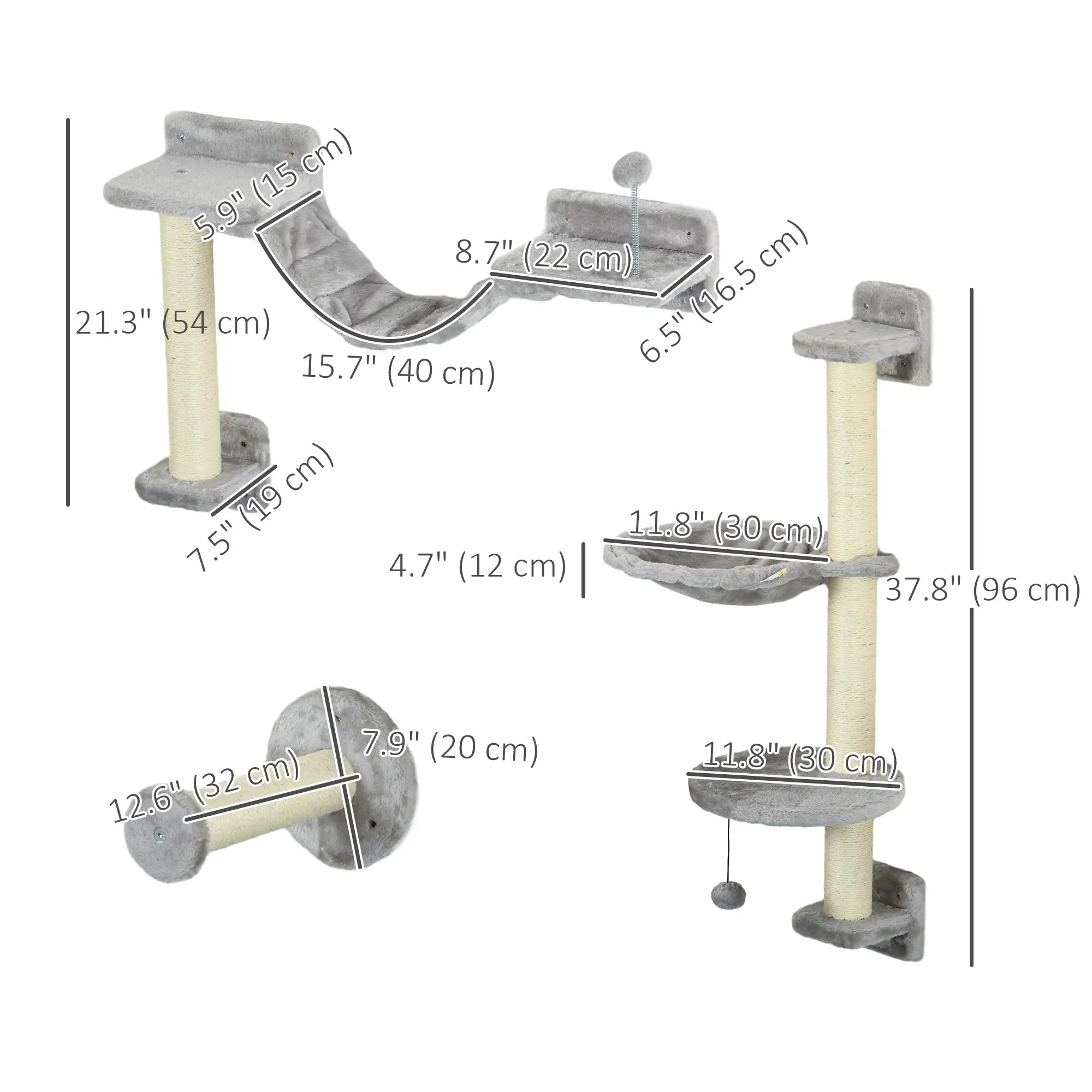 4PCs Cat Wall Shelves, Hammock, Scratching Post, Ladder, Grey - Image 3
