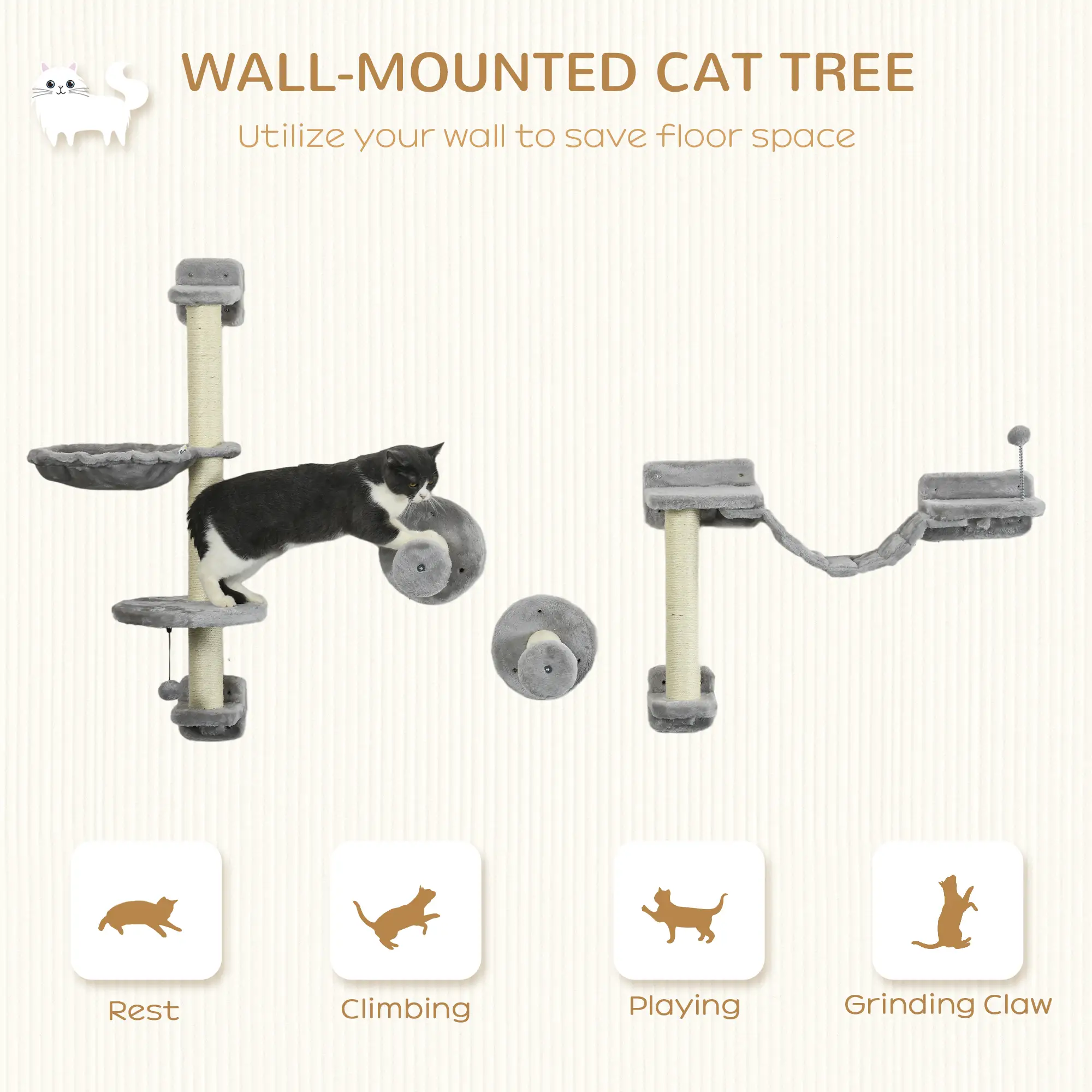 4PCs Cat Wall Shelves, Hammock, Scratching Post, Ladder, Grey - Image 4