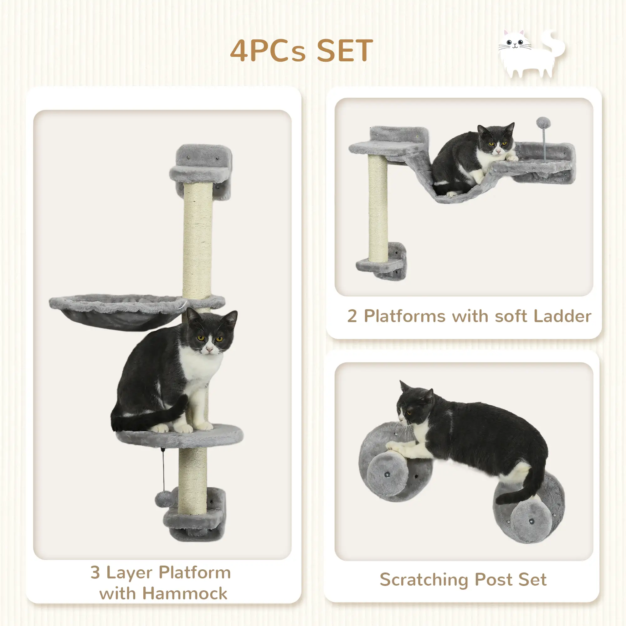 4PCs Cat Wall Shelves, Hammock, Scratching Post, Ladder, Grey - Image 5