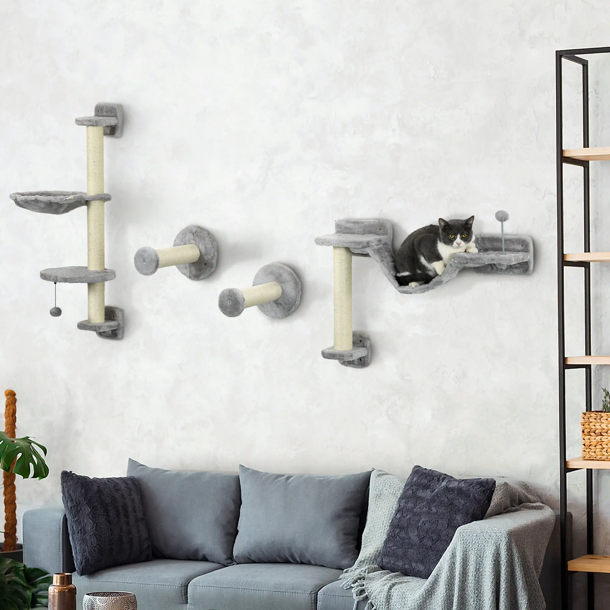 4PCs Cat Wall Shelves, Hammock, Scratching Post, Ladder, Grey - Image 8