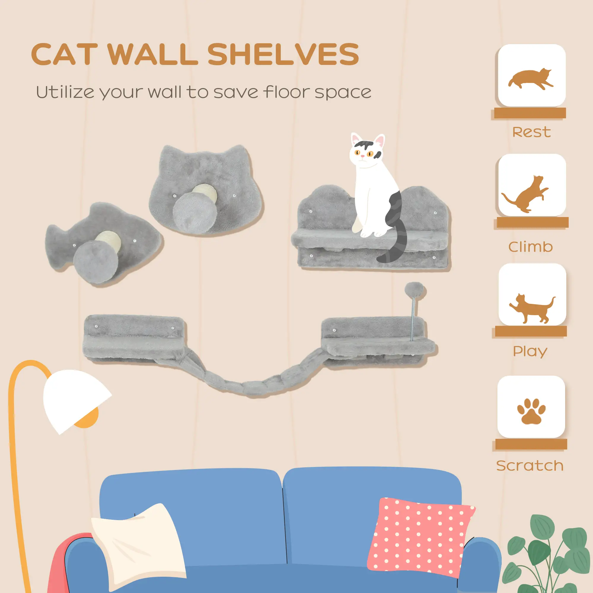4PCs Cat Wall Shelves, Steps, Scratching Posts, Ladder, Platforms - Image 4