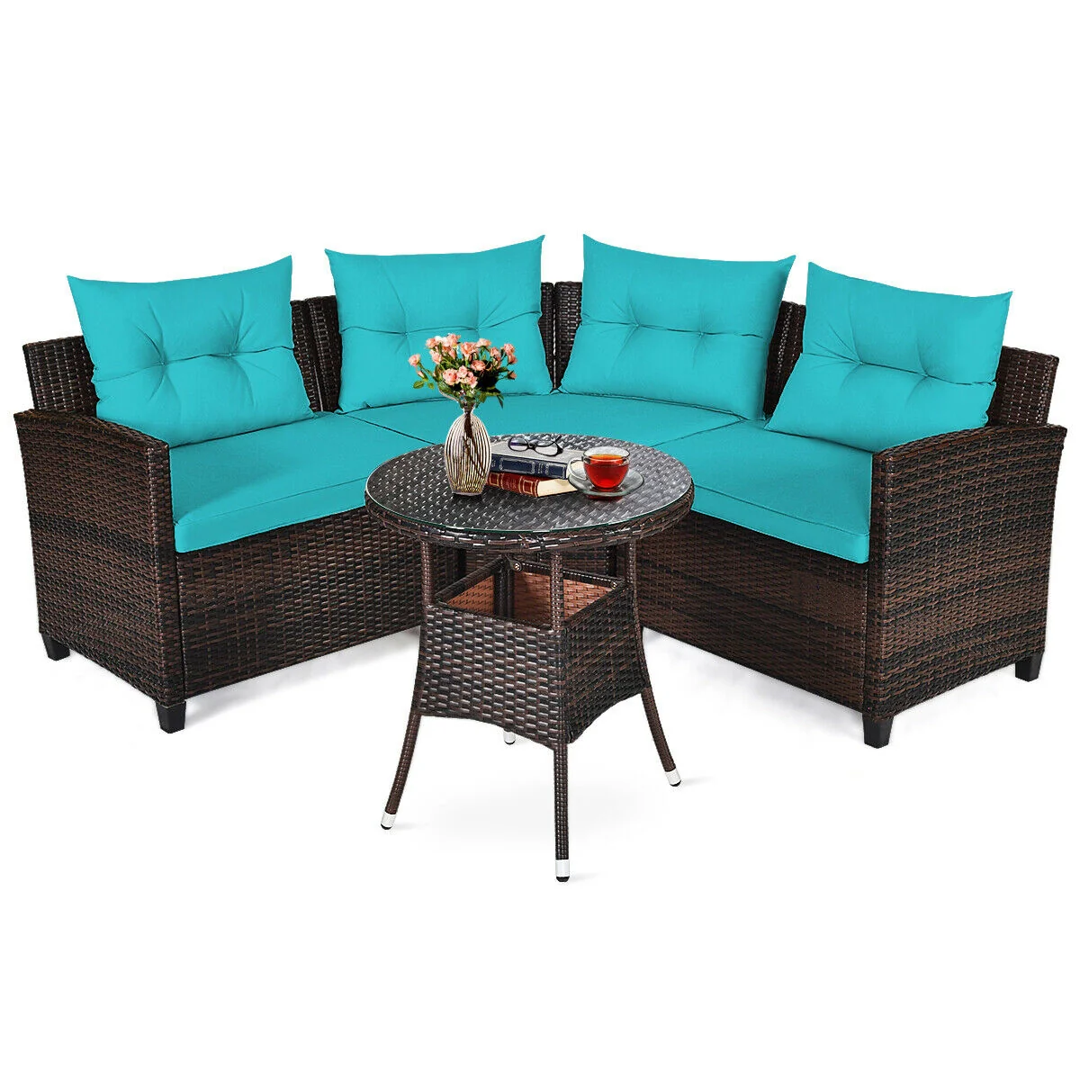 4Pcs Outdoor Rattan Furniture Set, Turquoise